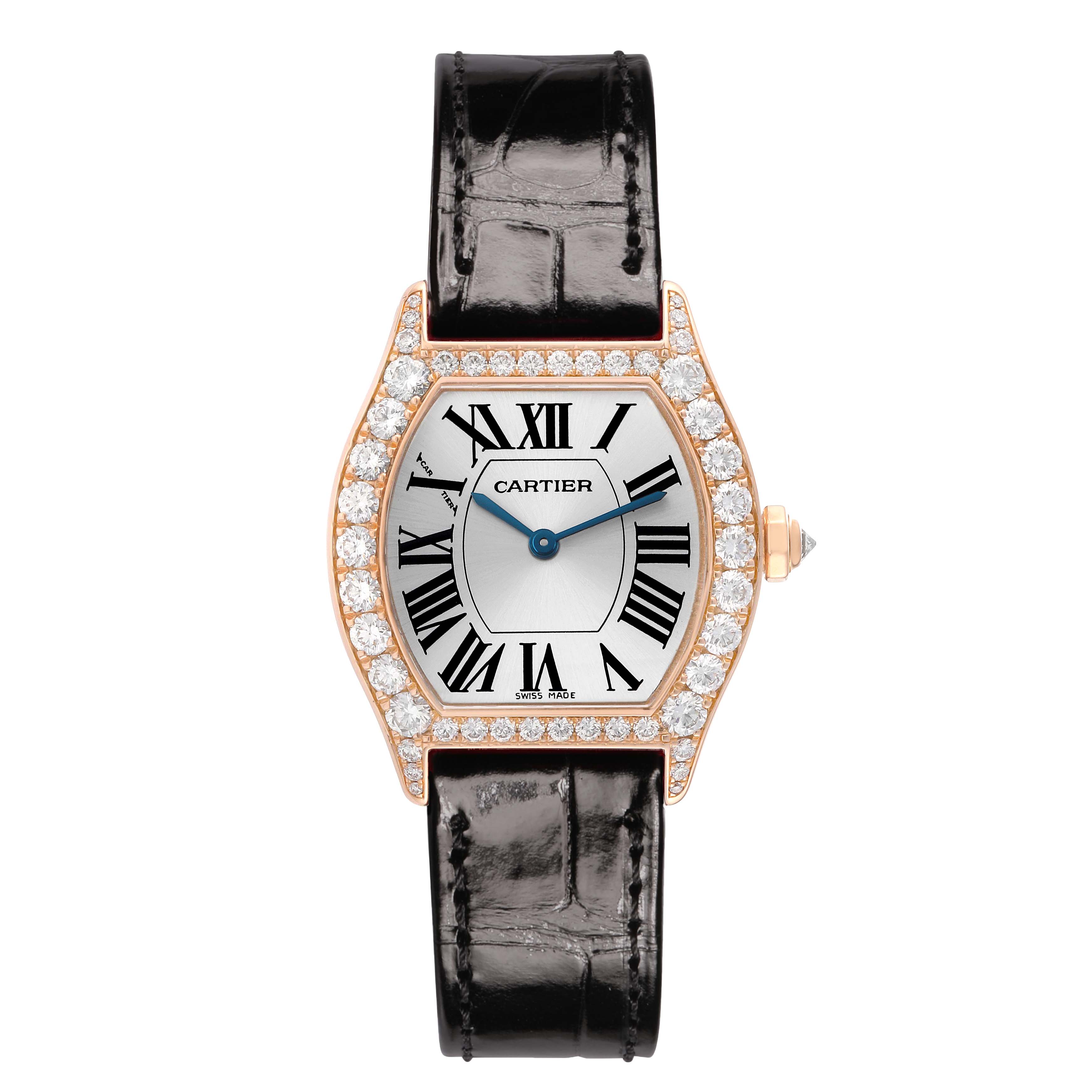 The Cartier Tortue WA507031 Women's Rose Gold Silver Dial watch is shown front-facing, displaying its diamond-encrusted bezel, black leather strap, and Roman numeral dial.