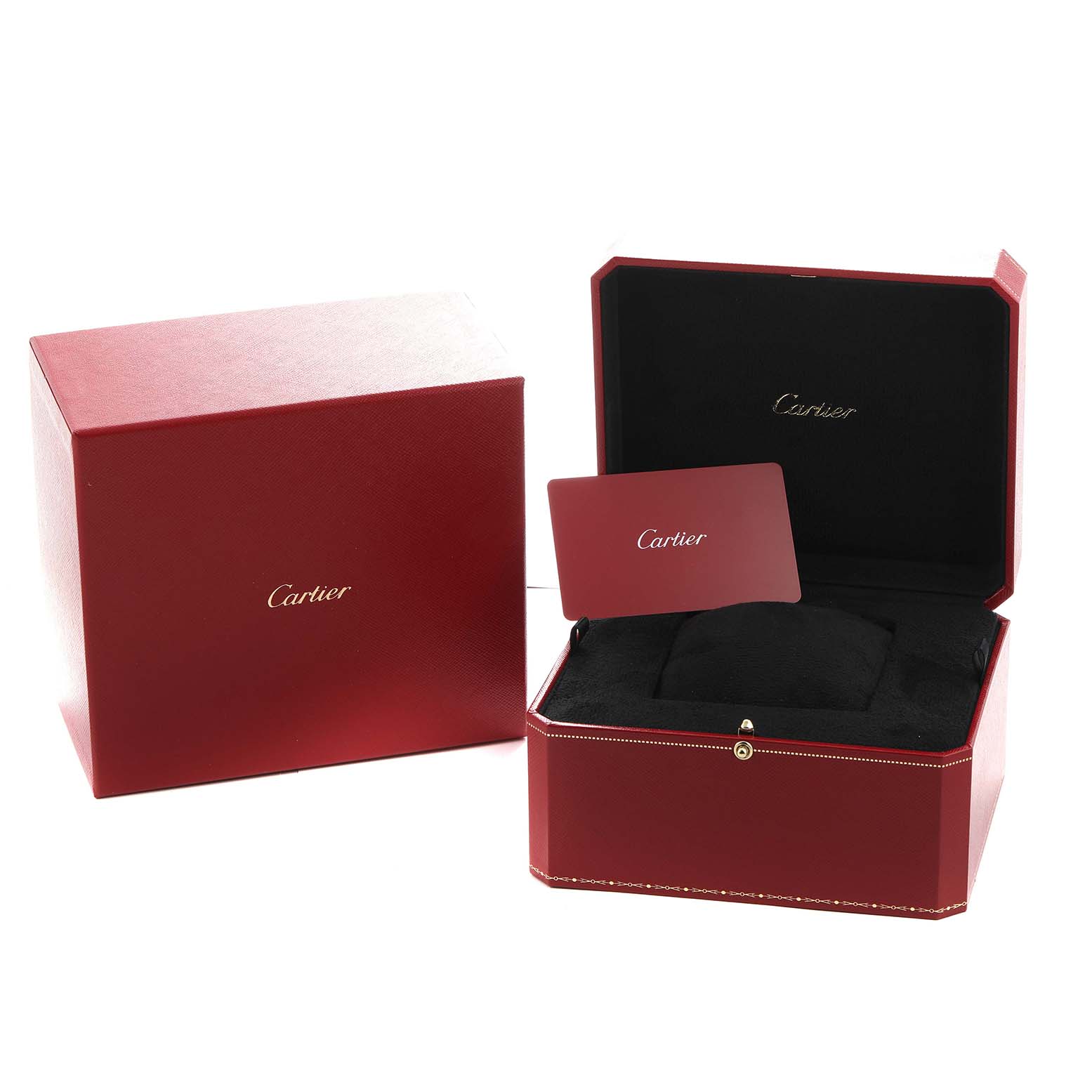 The image shows the Cartier Tortue WA507031 Women's Rose Gold Silver Dial watch box, open and closed, with a card inside.