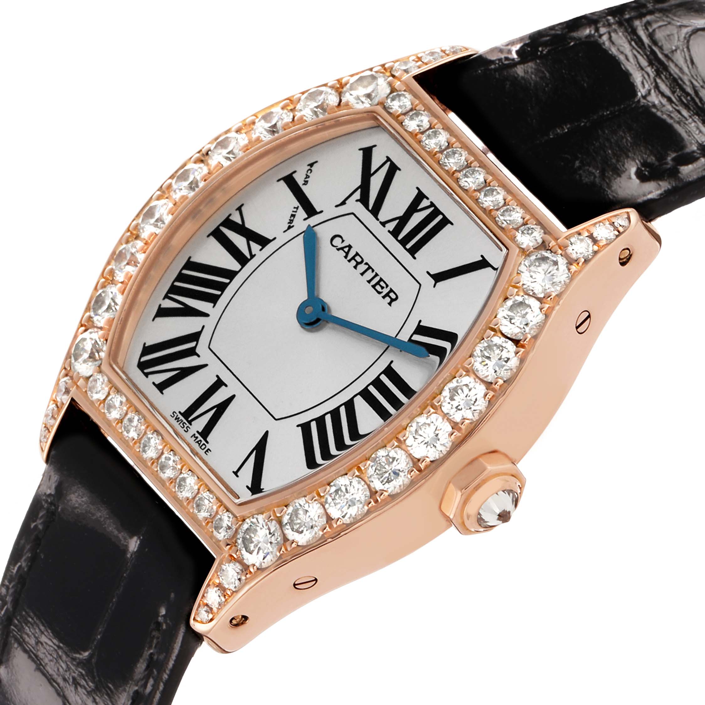 The Cartier Tortue WA507031 Women's Rose Gold Silver Dial watch is shown at a side angle, highlighting its diamond-encrusted bezel and black strap.