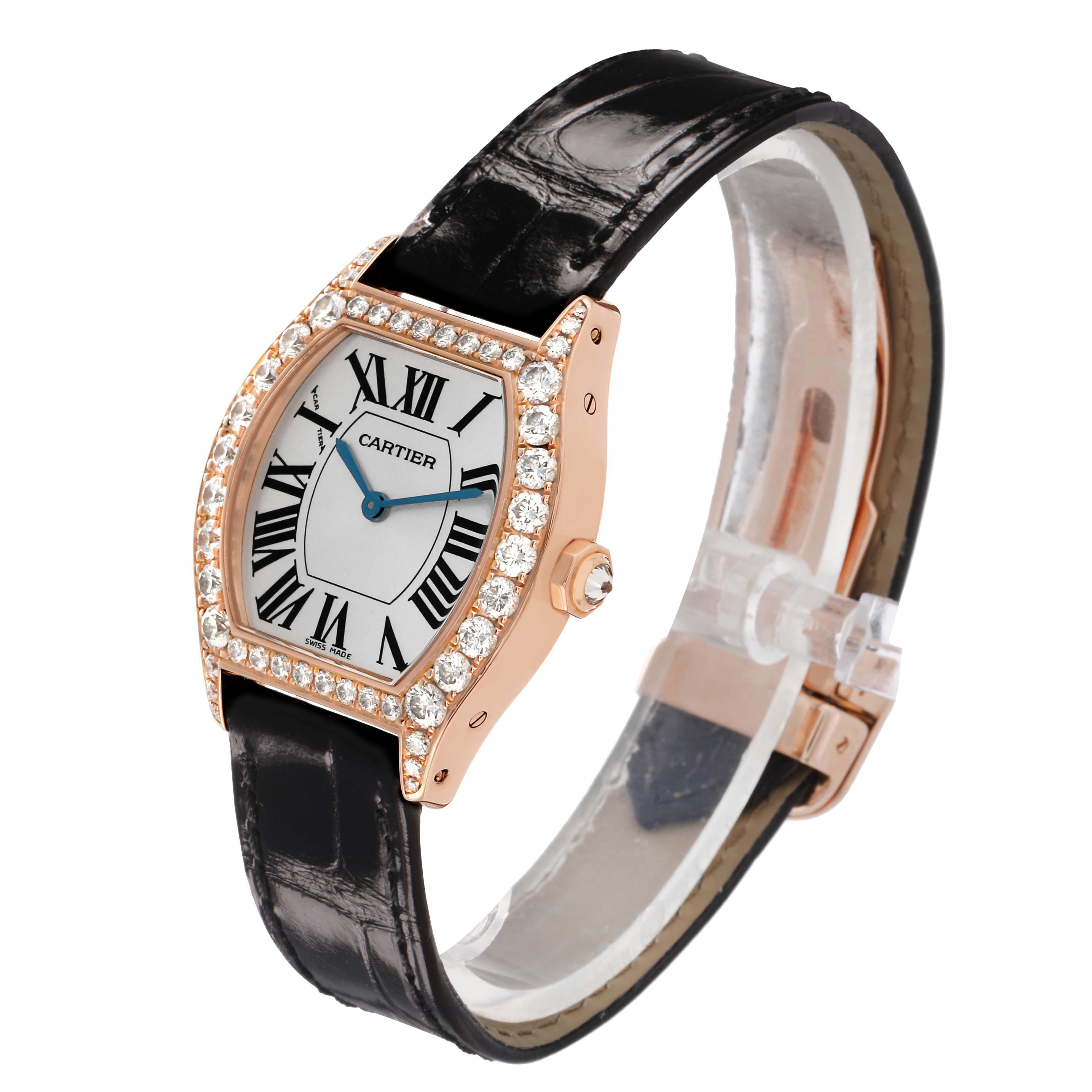 The Cartier Tortue WA507031 Women's Rose Gold Silver Dial watch is shown at a three-quarter angle, displaying the face, case, and leather strap.