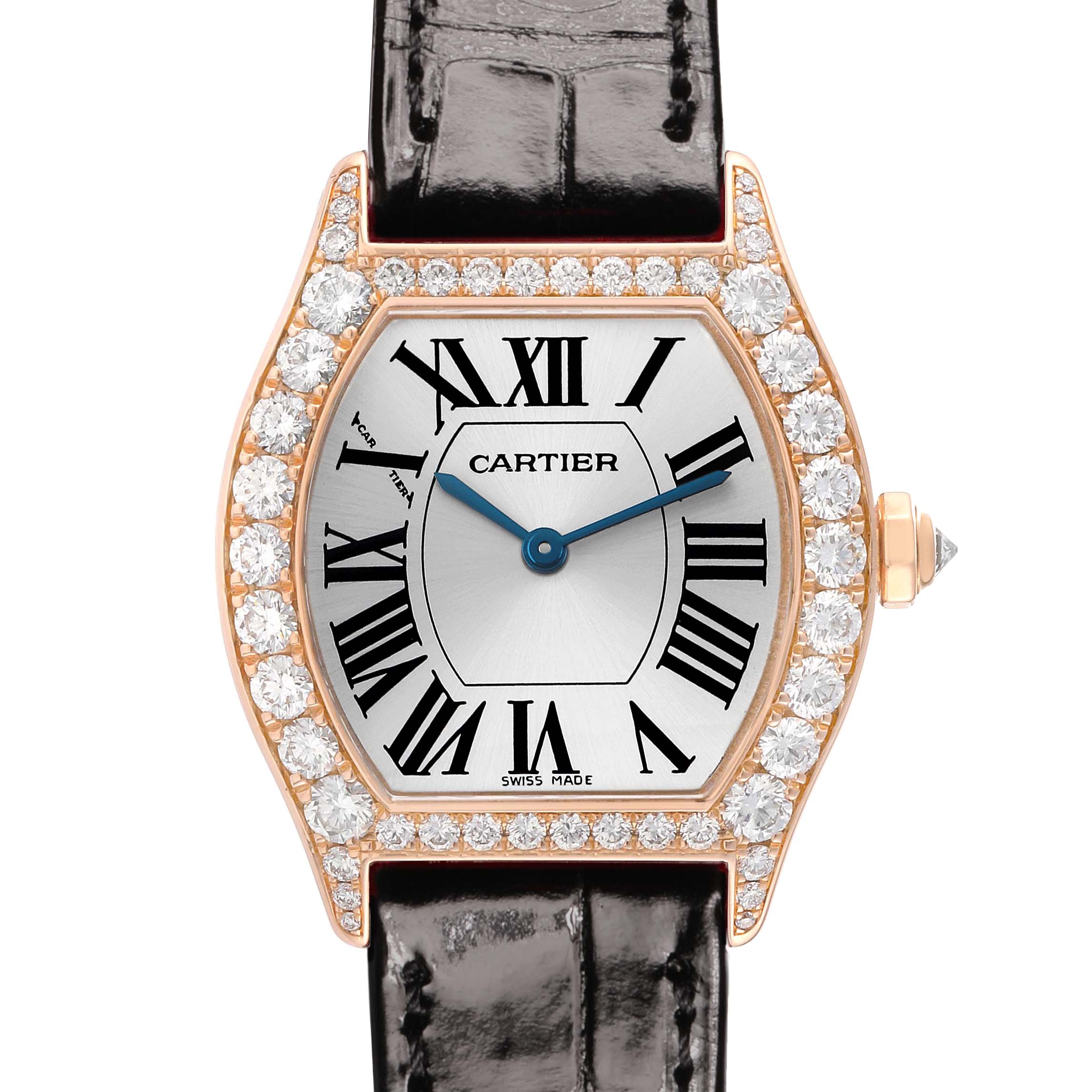 The Cartier Tortue WA507031 Women's Rose Gold Silver Dial watch is shown from the front, displaying the face, bejeweled bezel, crown, and part of the strap.