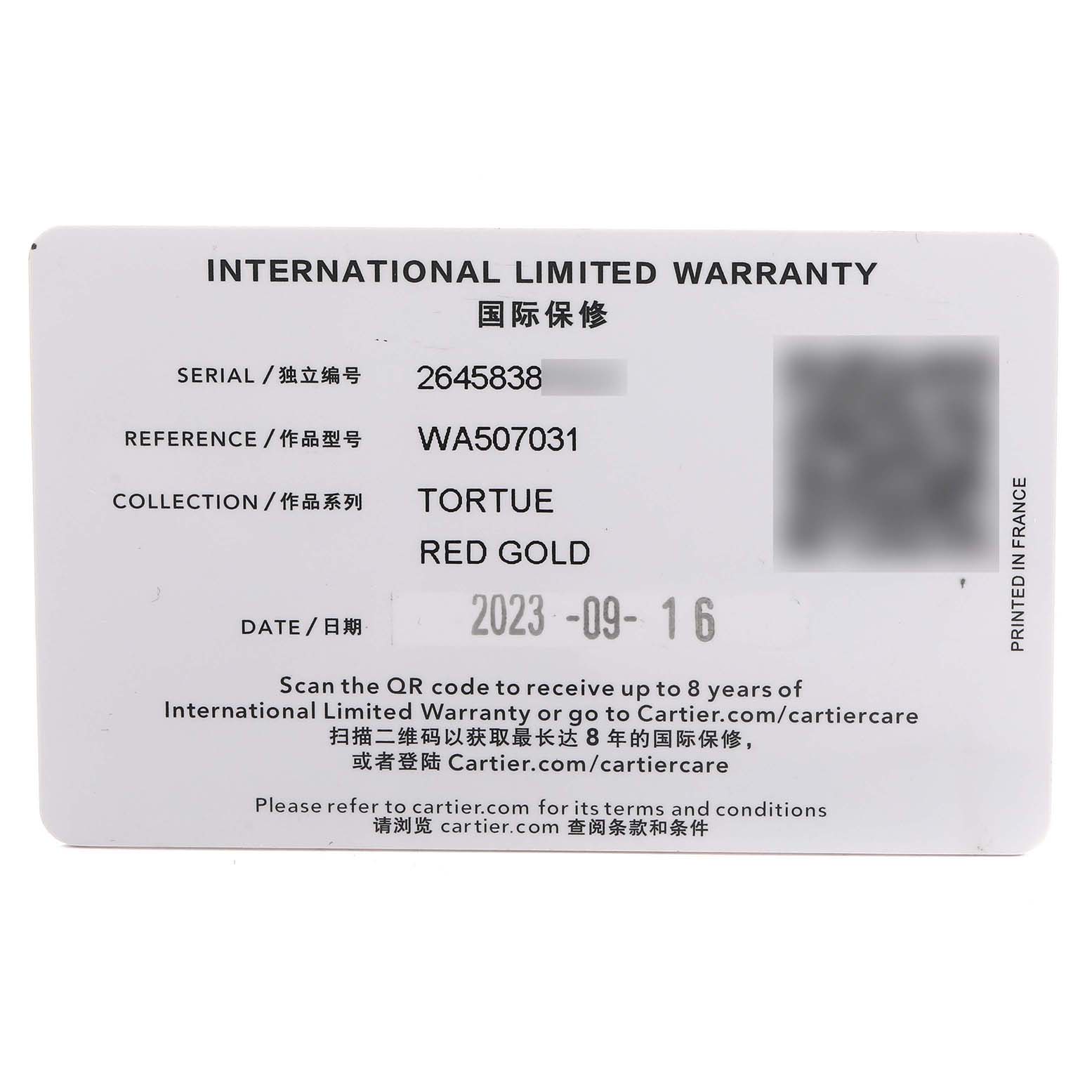 The image shows an international warranty card for a Cartier Tortue WA507031 Women's Rose Gold Silver Dial model watch.