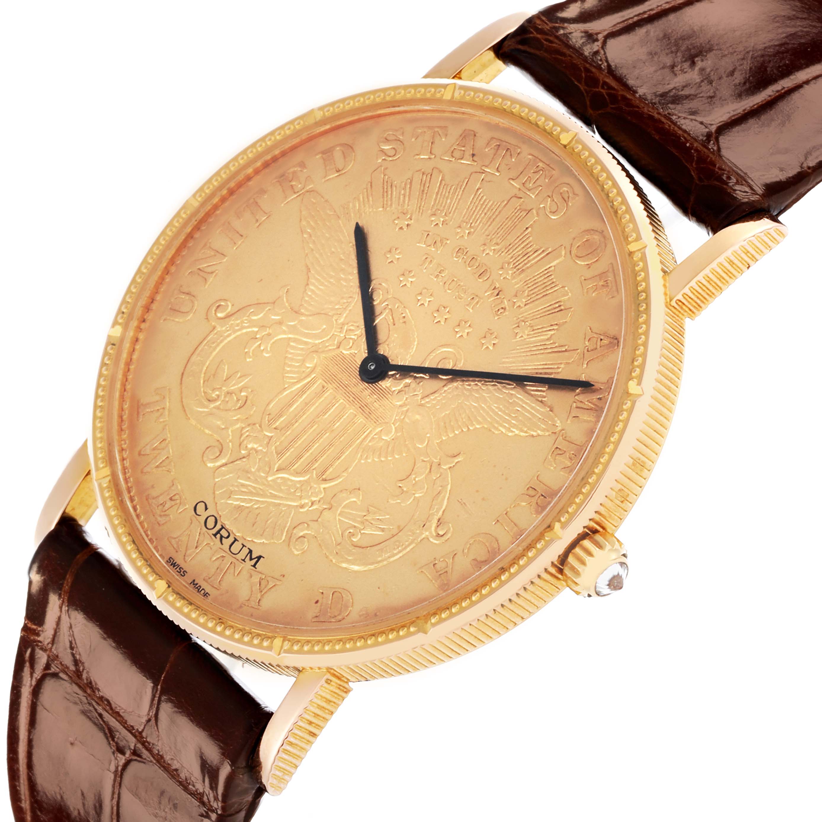 The Corum Coin Watch 4414556 Men's Yellow Gold Champagne Dial 4414556 Men's Yellow Gold Champagne Dial is shown at a slight angle displaying the face, bezel, crown, and part of the leather strap.