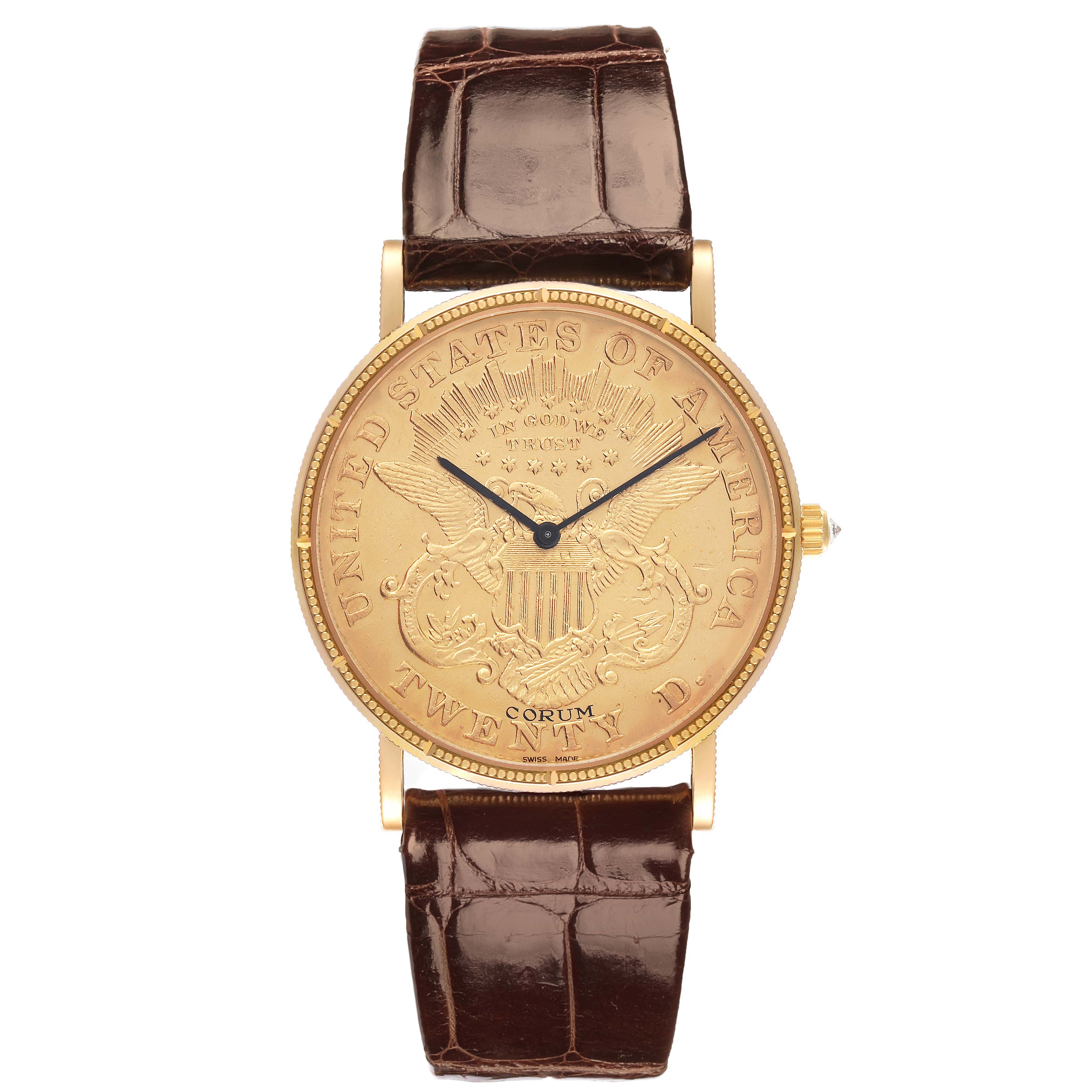 The Corum Coin Watch 4414556 Men's Yellow Gold Champagne Dial 4414556 Men's Yellow Gold Champagne Dial is shown from the front, displaying its face, crown, and leather strap.