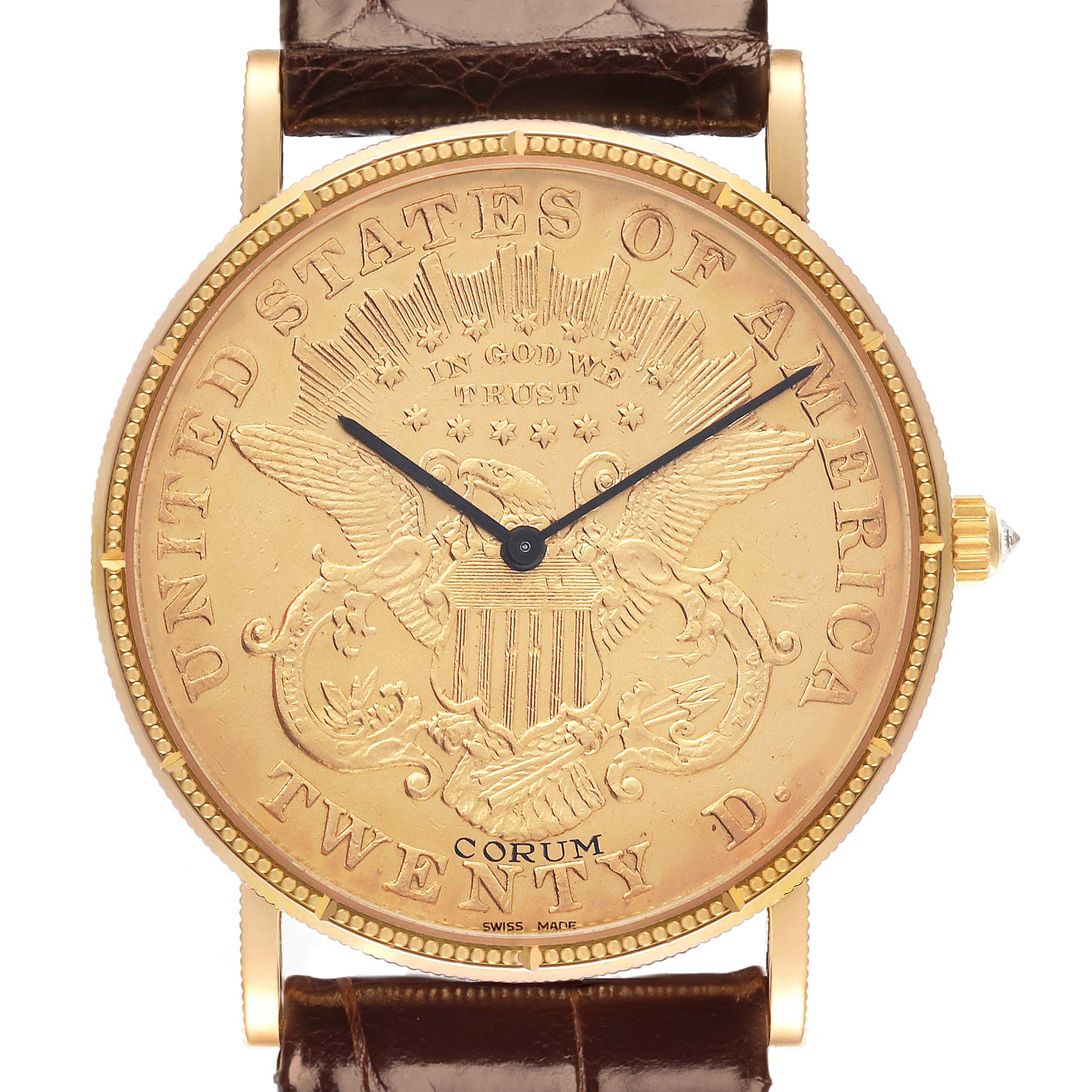 The Corum Coin Watch 4414556 Men's Yellow Gold Champagne Dial 4414556 Men's Yellow Gold Champagne Dial is shown from the front, displaying its unique coin-style face with detailed engravings.