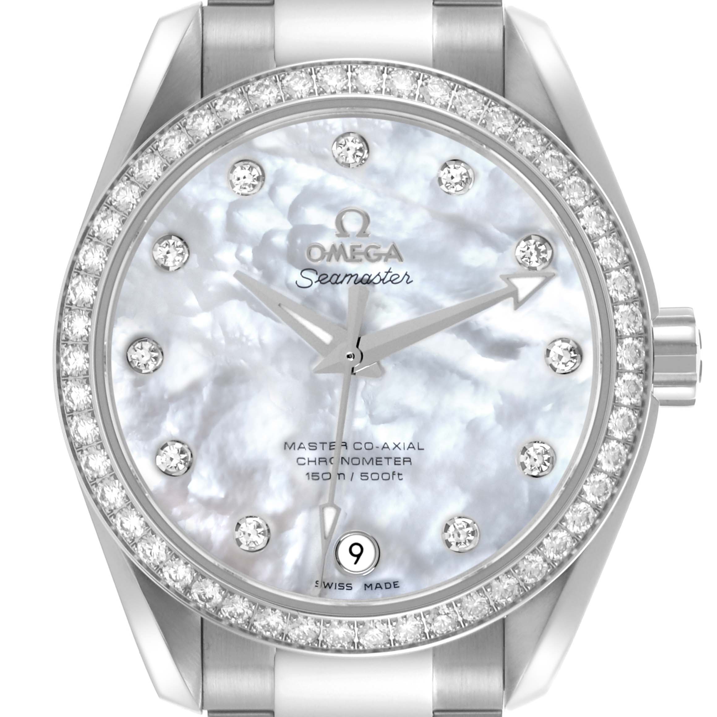 The Omega 231.15.39.21.55.001 Women's Stainless Steel Mother of Pearl Dial 231.15.39.21.55.001 Women's Stainless Steel Mother of Pearl Dial Aqua Terra Mother Of Pearl Diamond Steel Ladies Watch is shown in a front view highlighting the face and bracelet.