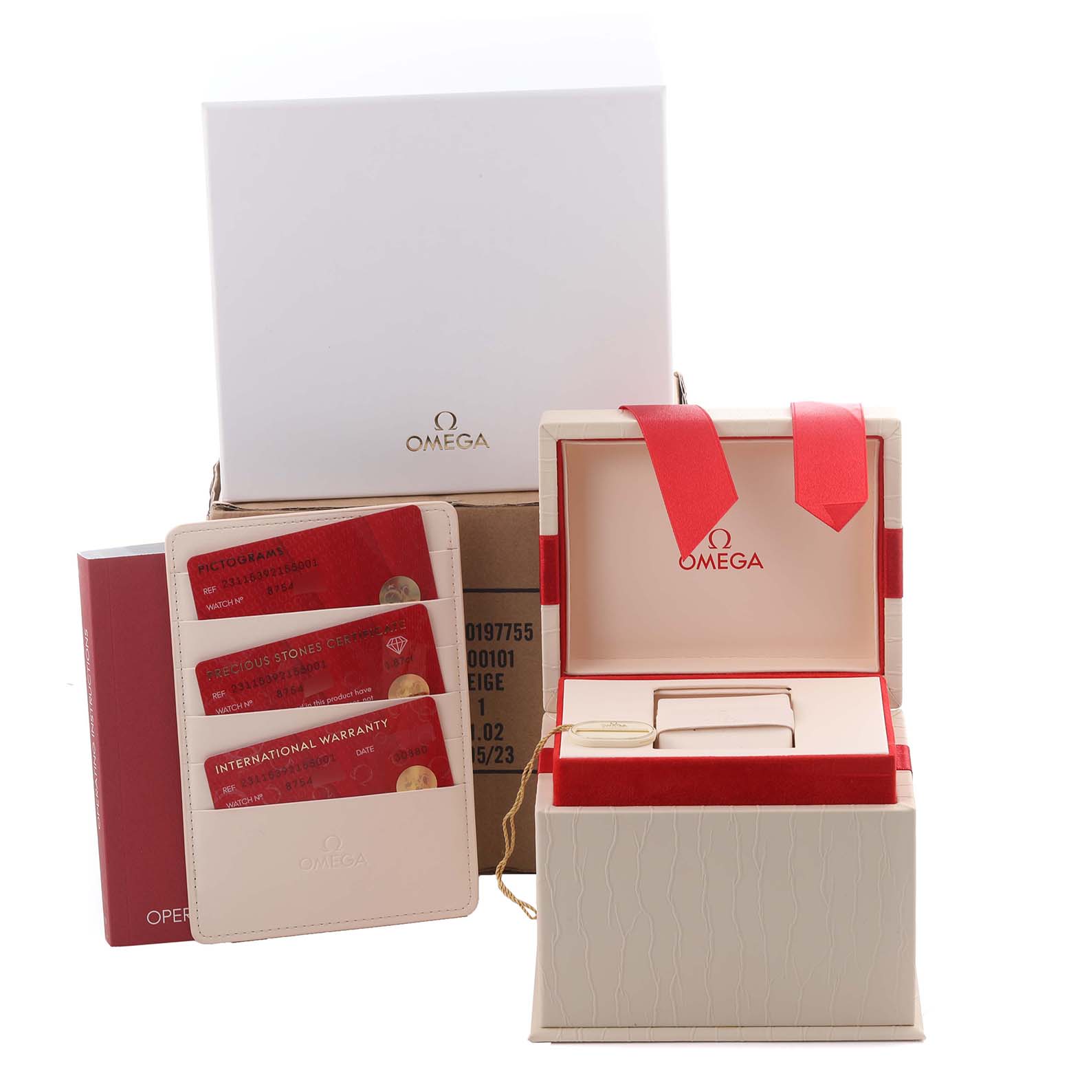 The image shows the Omega 231.15.39.21.55.001 Women's Stainless Steel Mother of Pearl Dial 231.15.39.21.55.001 Women's Stainless Steel Mother of Pearl Dial Aqua Terra Mother Of Pearl Diamond Steel watch's packaging, cards, and box at a frontal angle.