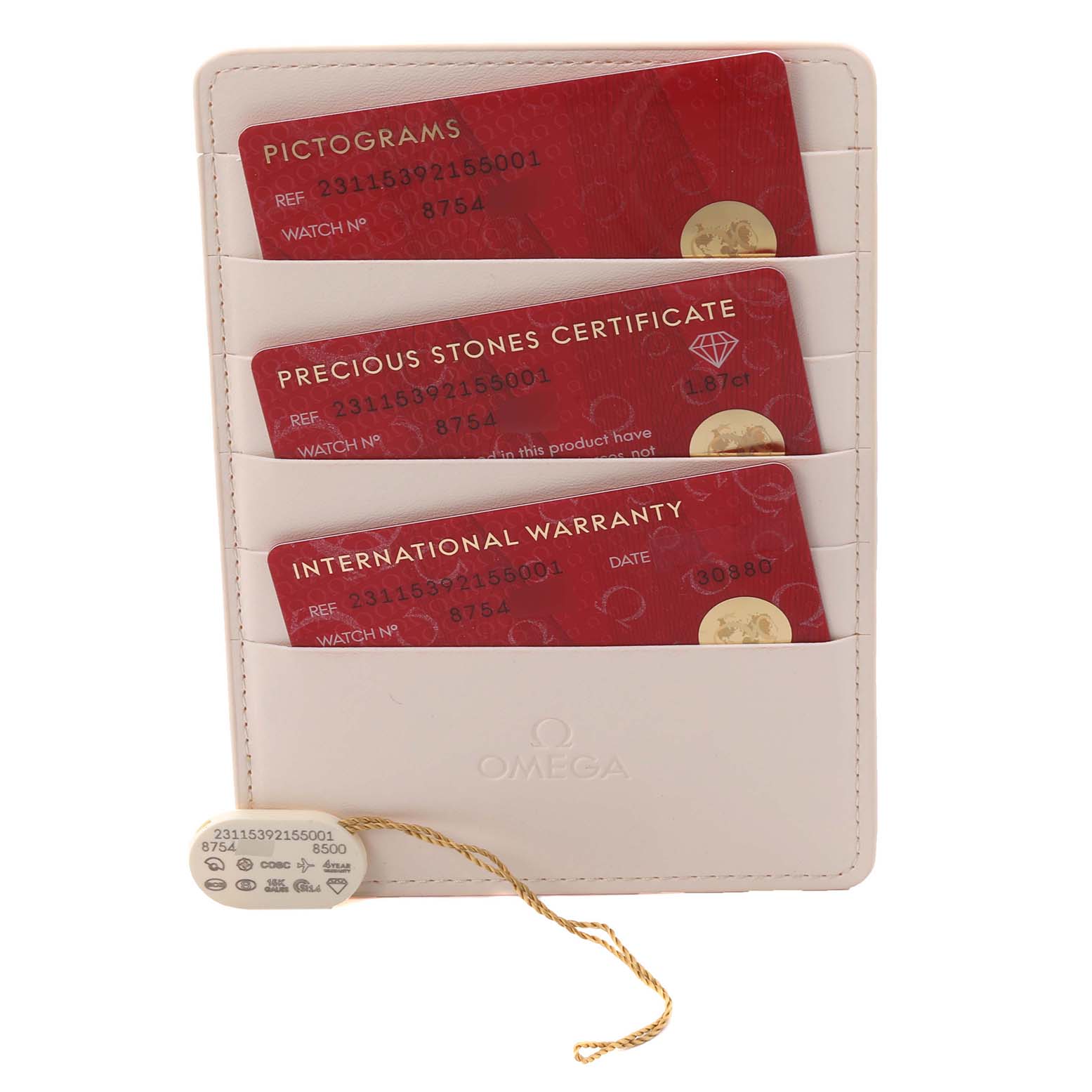 The image shows credit card-style certificates and a tag for the Omega 231.15.39.21.55.001 Women's Stainless Steel Mother of Pearl Dial 231.15.39.21.55.001 Women's Stainless Steel Mother of Pearl Dial Aqua Terra Mother Of Pearl Diamond Steel Ladies Watch 231.15.39.21.55.001.