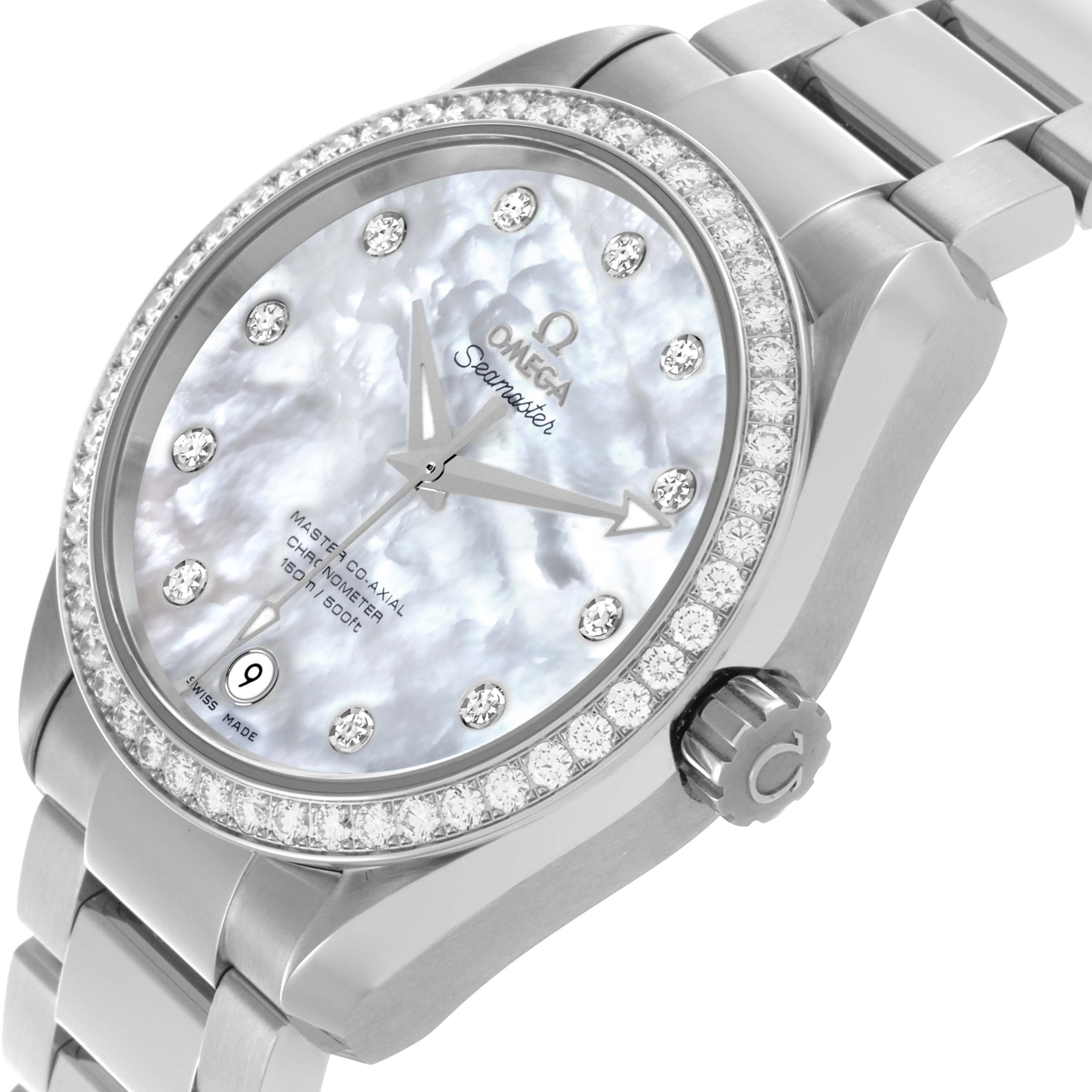 The Omega 231.15.39.21.55.001 Women's Stainless Steel Mother of Pearl Dial 231.15.39.21.55.001 Women's Stainless Steel Mother of Pearl Dial Aqua Terra Mother Of Pearl model is shown at a three-quarter angle highlighting the dial, bezel, and crown.