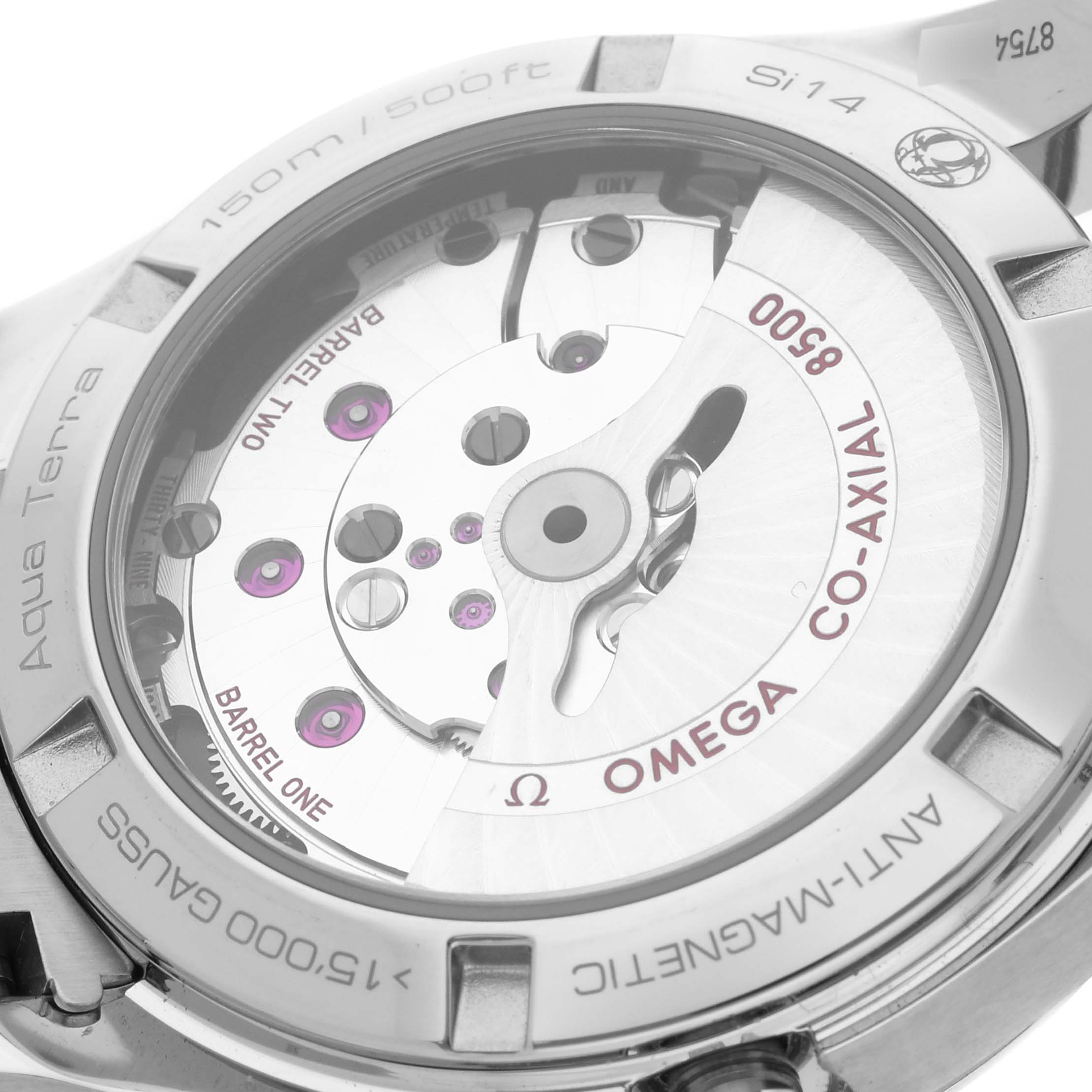 The image shows the back view of the Omega 231.15.39.21.55.001 Women's Stainless Steel Mother of Pearl Dial 231.15.39.21.55.001 Women's Stainless Steel Mother of Pearl Dial Aqua Terra model, highlighting the Co-Axial movement and internal mechanics.