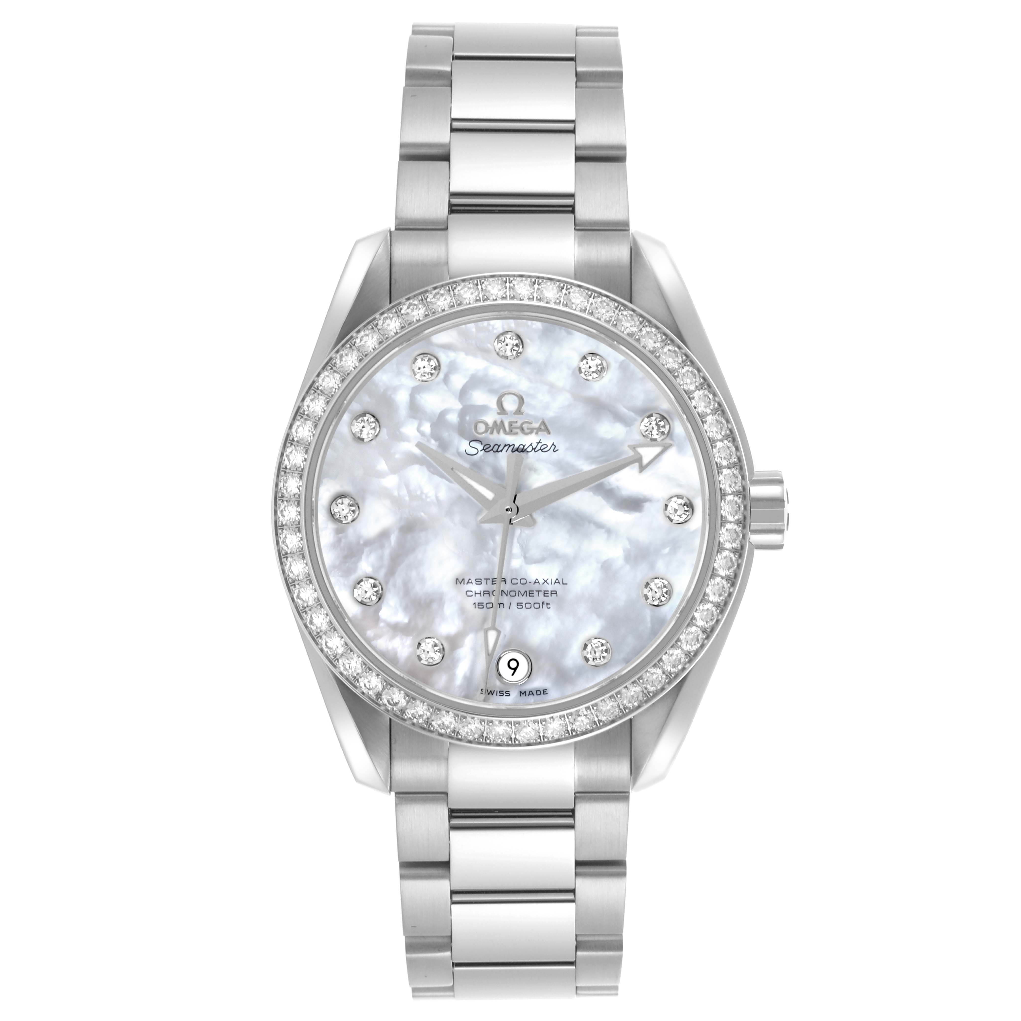 The Omega 231.15.39.21.55.001 Women's Stainless Steel Mother of Pearl Dial 231.15.39.21.55.001 Women's Stainless Steel Mother of Pearl Dial Aqua Terra Mother Of Pearl Diamond Steel Ladies Watch shows a front view highlighting the dial, bezel, and bracelet.