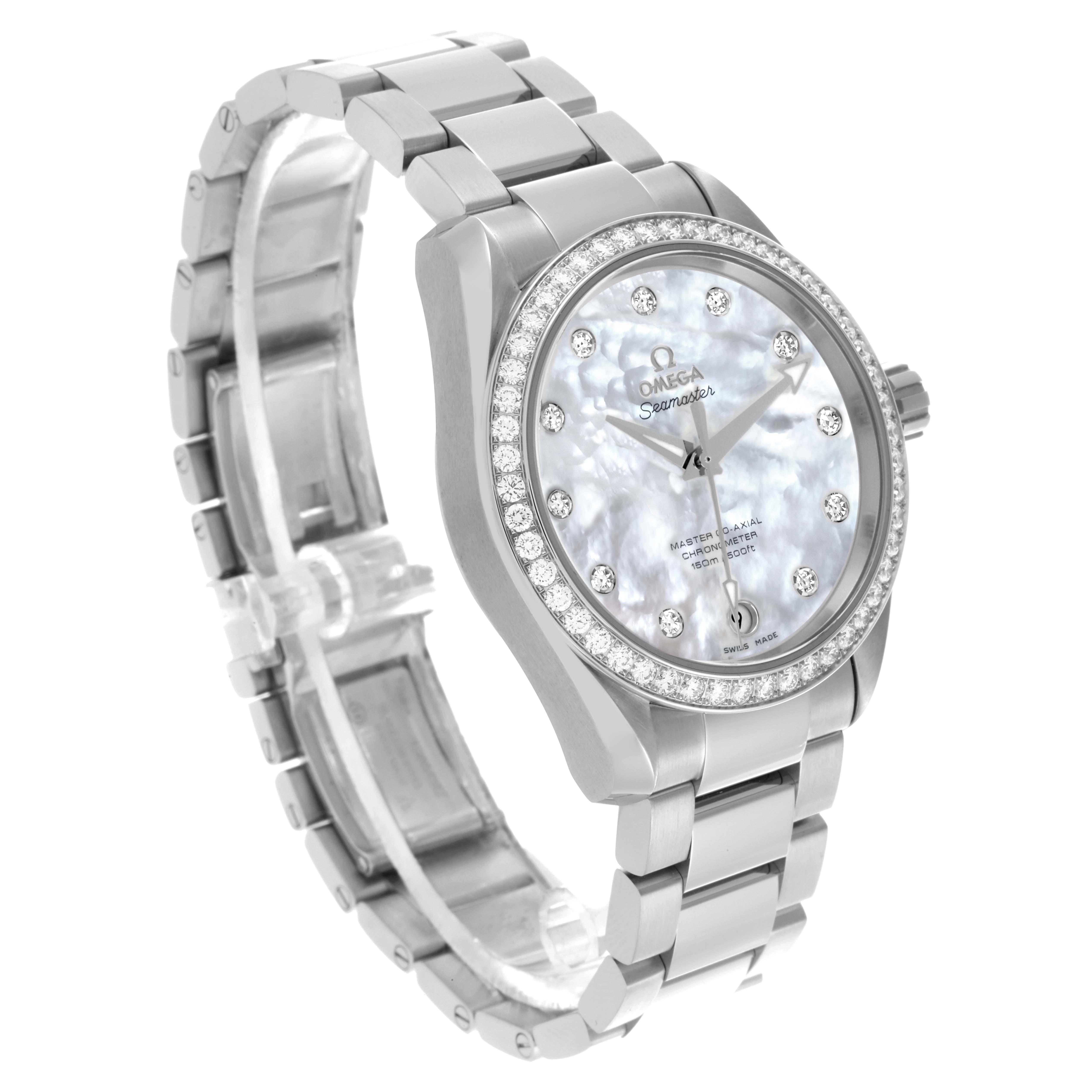 The Omega 231.15.39.21.55.001 Women's Stainless Steel Mother of Pearl Dial 231.15.39.21.55.001 Women's Stainless Steel Mother of Pearl Dial Aqua Terra Mother Of Pearl Diamond Steel watch is shown at a three-quarter angle, highlighting its face and bracelet.