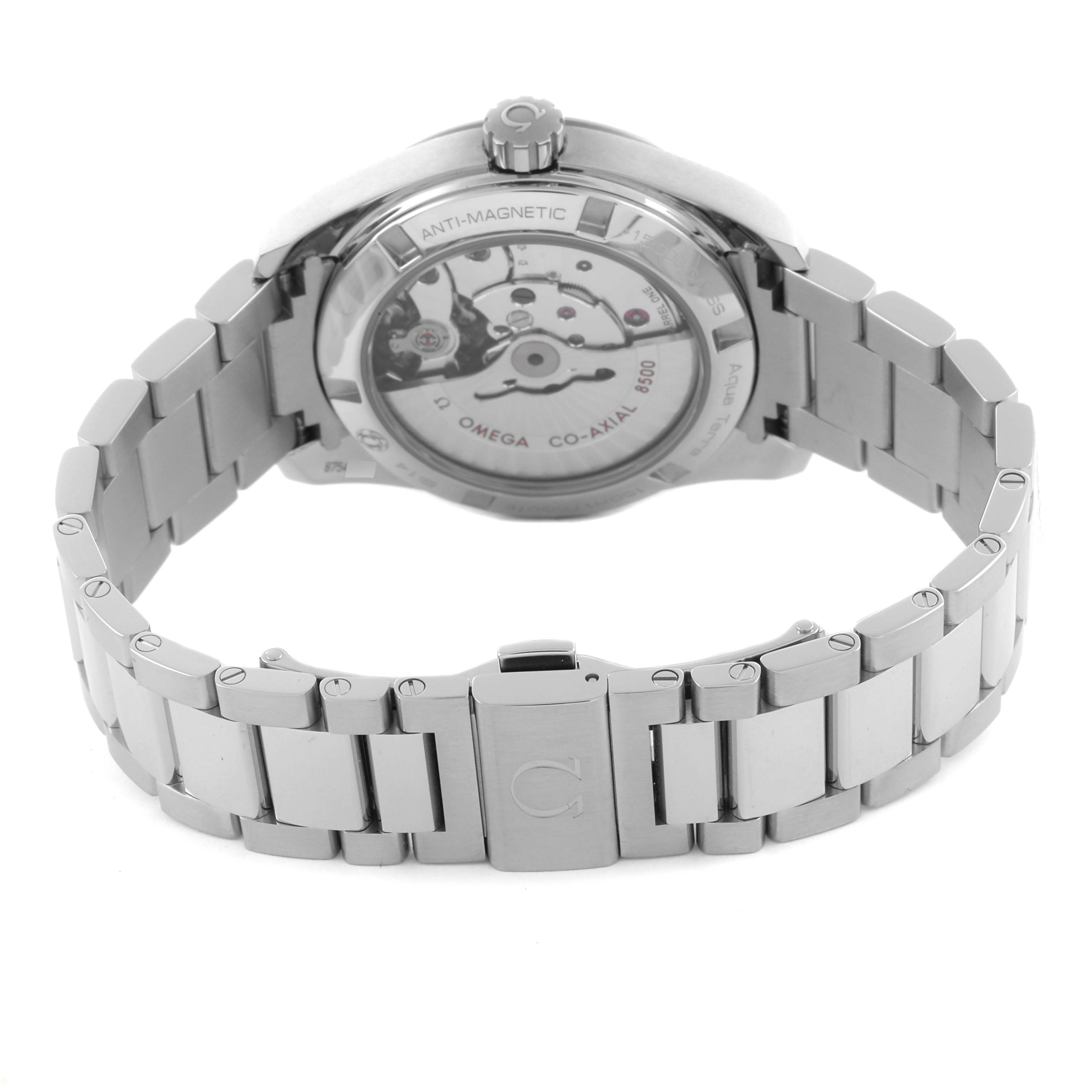 The Omega 231.15.39.21.55.001 Women's Stainless Steel Mother of Pearl Dial 231.15.39.21.55.001 Women's Stainless Steel Mother of Pearl Dial Aqua Terra watch is shown from the back, displaying its movement and stainless steel bracelet.