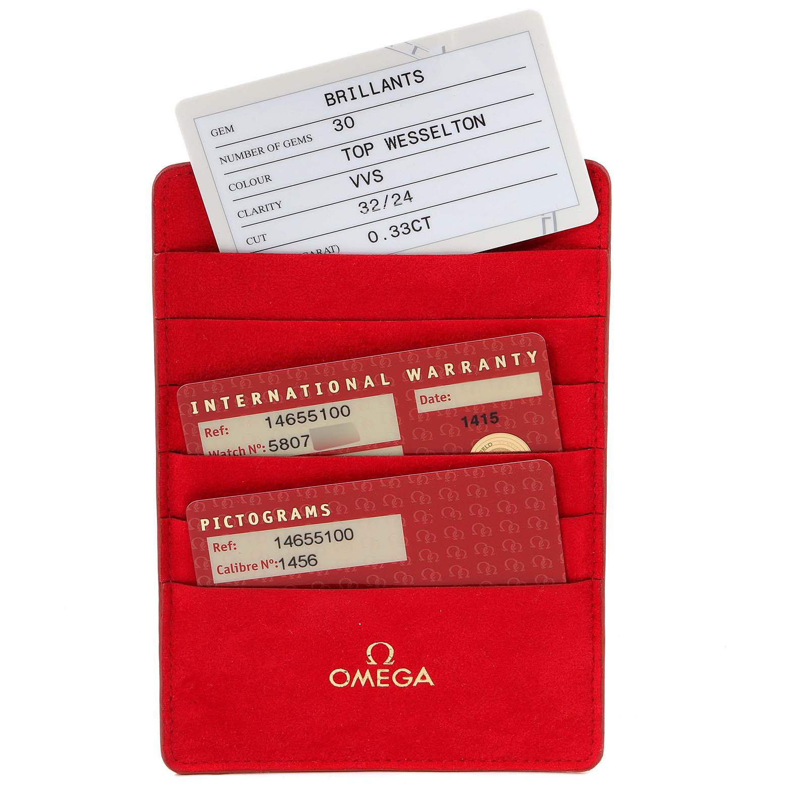 The image shows the warranty cards and a gem certificate for the Omega 1465.51.00 Women
s Stainless Steel Black Dial 1465.51.00 Women
s Stainless Steel Black Dial Constellation My Choice Mini Ladies Diamond Watch 1465.51.00.