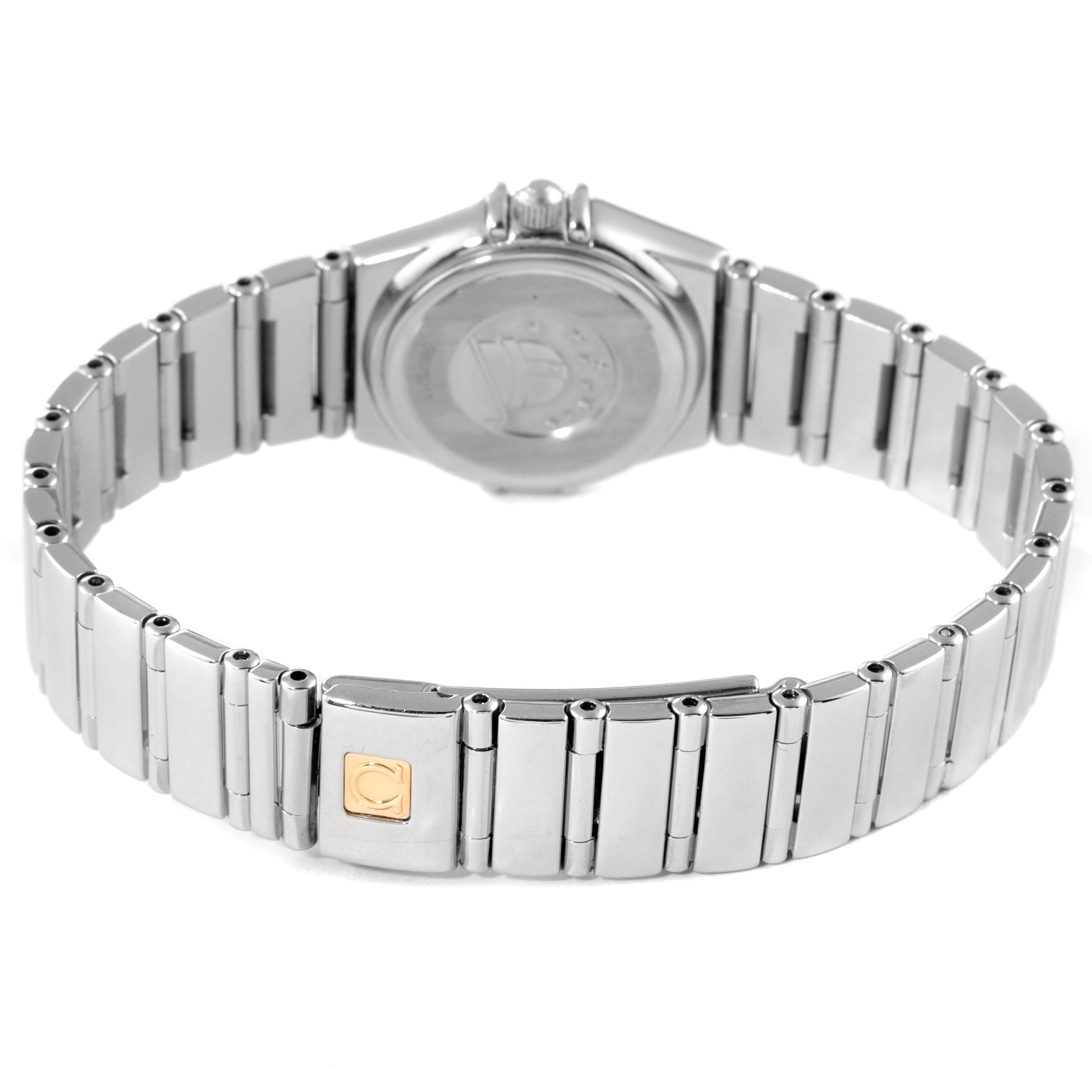 The image shows the back view of the Omega 1465.51.00 Women
s Stainless Steel Black Dial 1465.51.00 Women
s Stainless Steel Black Dial Constellation My Choice Mini Ladies Diamond Watch 1465.51.00, highlighting the clasp and bracelet.