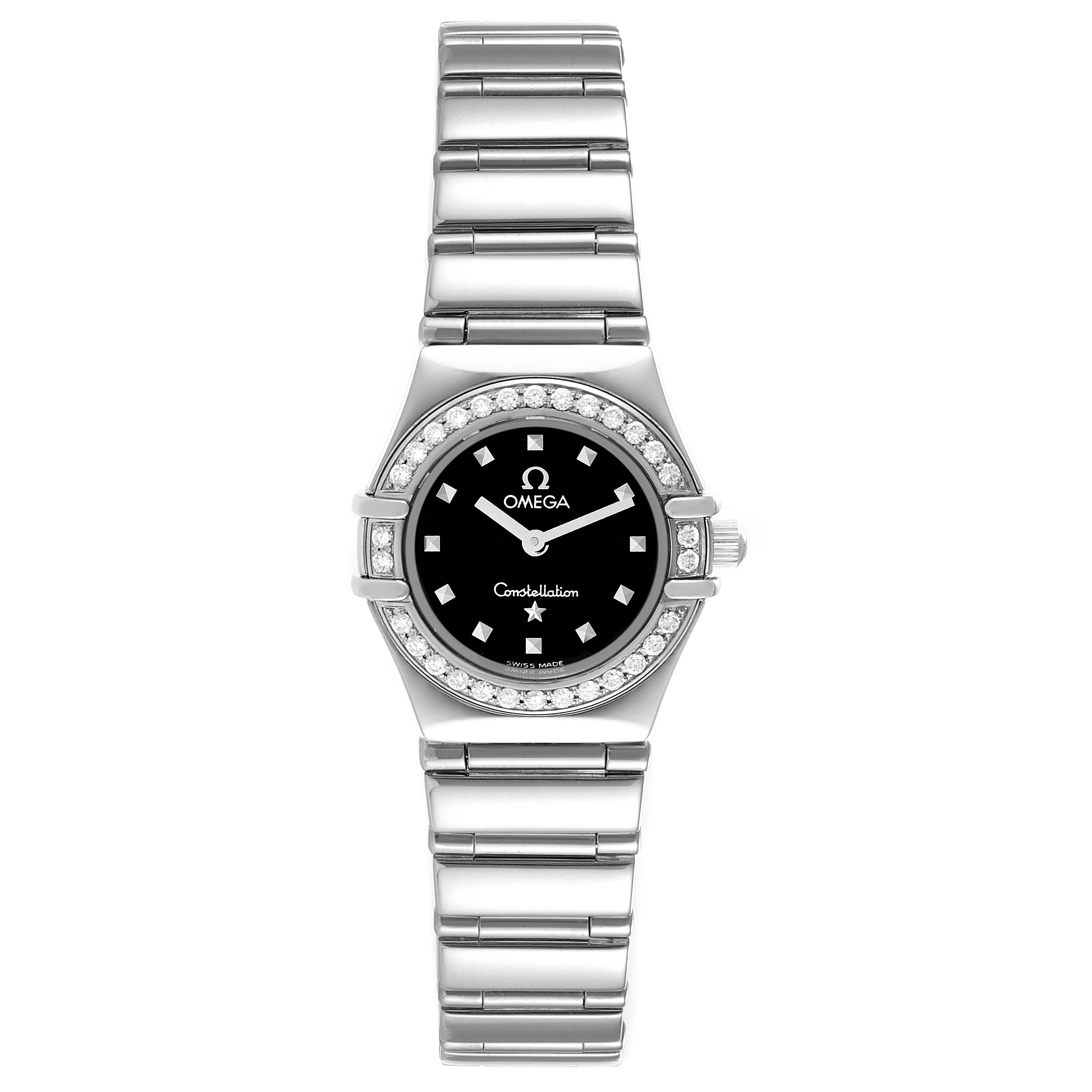 The image shows a top-down view of the Omega 1465.51.00 Women
s Stainless Steel Black Dial 1465.51.00 Women
s Stainless Steel Black Dial Constellation My Choice Mini Ladies Diamond Watch 1465.51.00, displaying its face and bracelet.