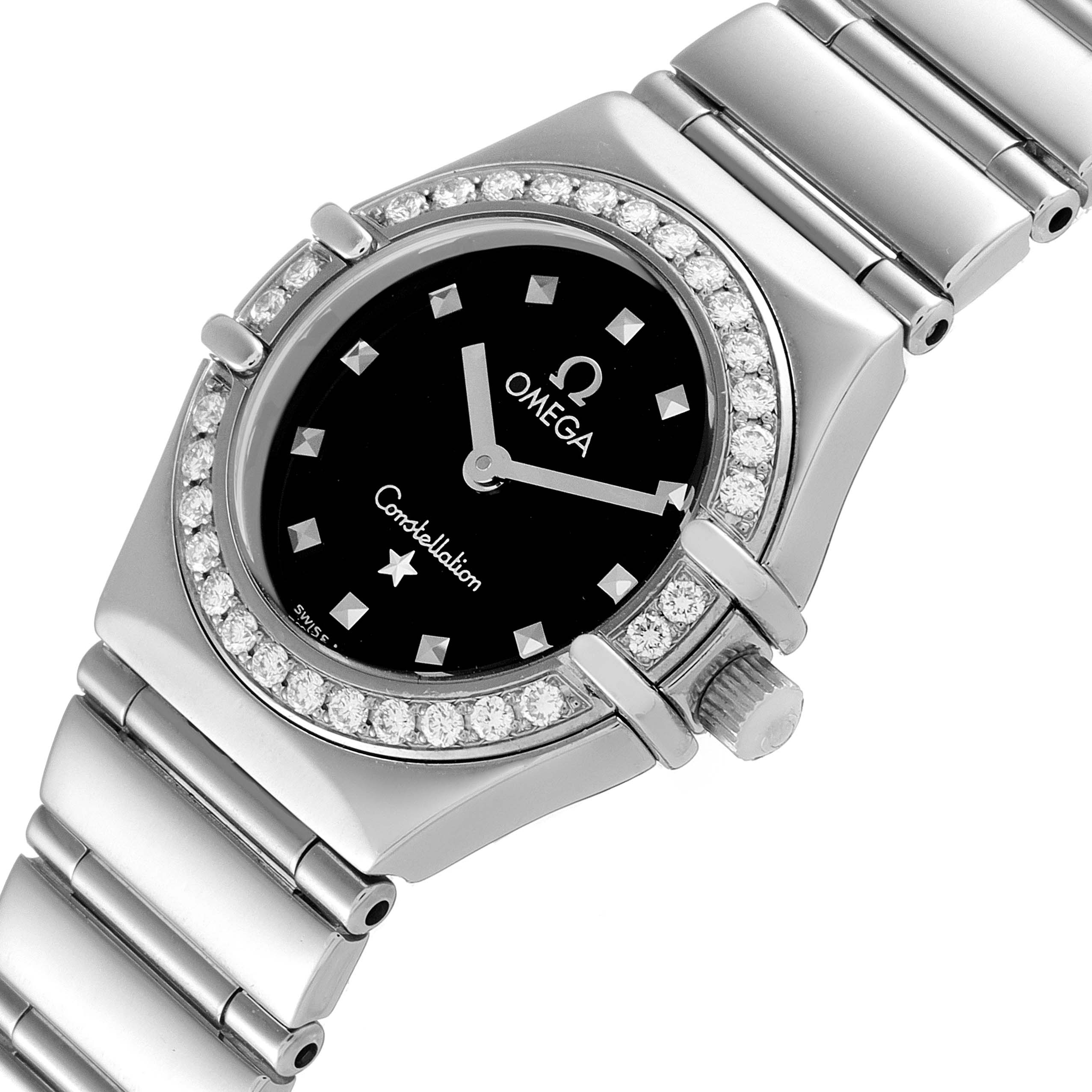 This image shows a front, angled view of the Omega 1465.51.00 Women
s Stainless Steel Black Dial 1465.51.00 Women
s Stainless Steel Black Dial Constellation My Choice Mini Ladies Diamond Watch 1465.51.00.