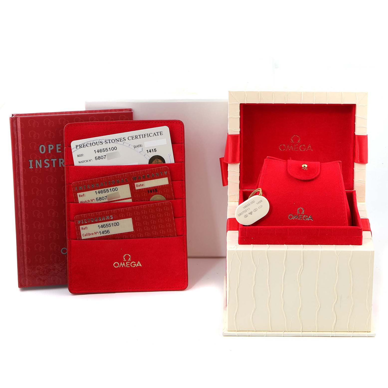 The image shows the Omega 1465.51.00 Women
s Stainless Steel Black Dial 1465.51.00 Women
s Stainless Steel Black Dial Constellation My Choice Mini Ladies Diamond Watch 1465.51.00 box, cards, and instruction manual.