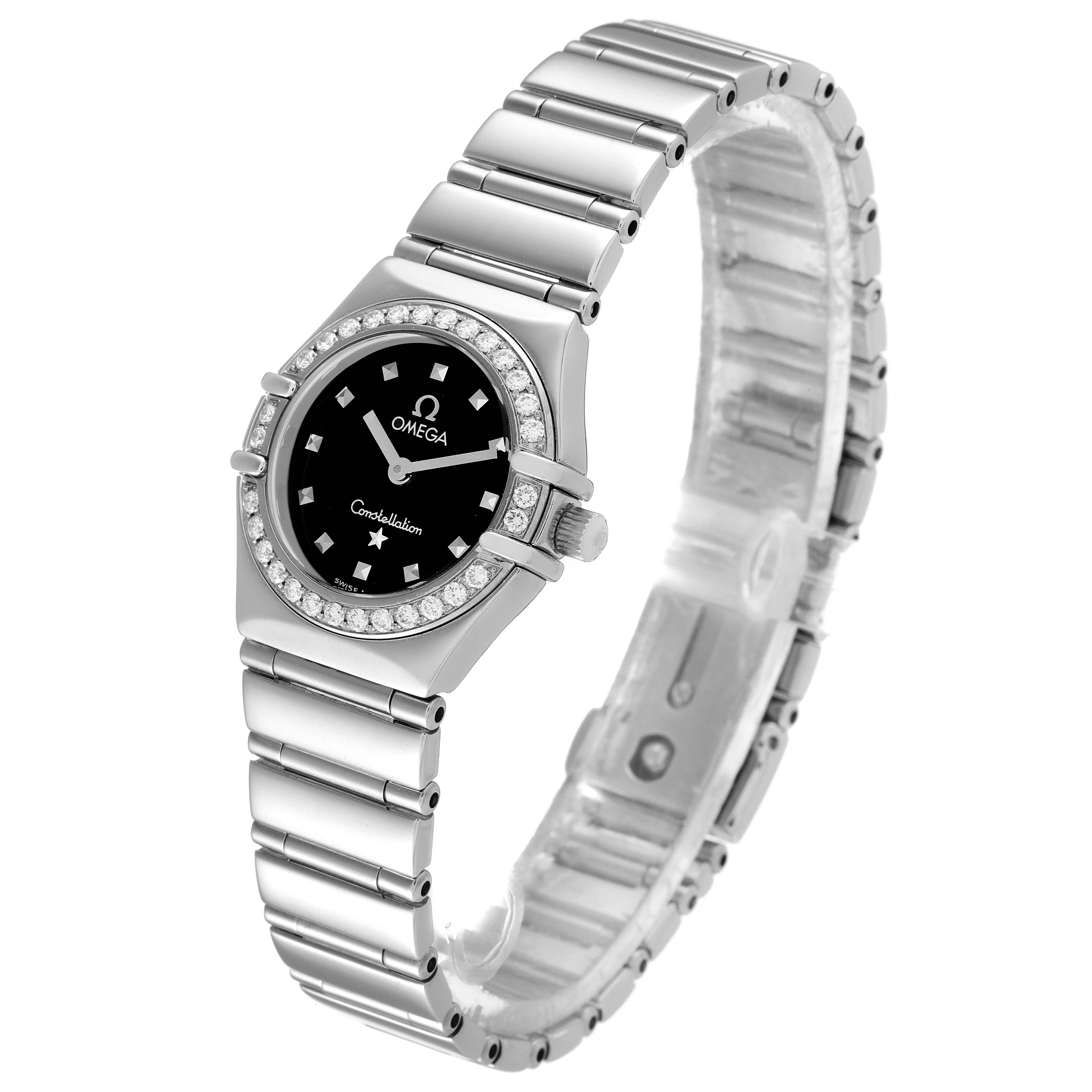 The image shows an angled view of the Omega 1465.51.00 Women
s Stainless Steel Black Dial 1465.51.00 Women
s Stainless Steel Black Dial Constellation My Choice Mini Ladies Diamond Watch 1465.51.00, highlighting its face and bracelet.