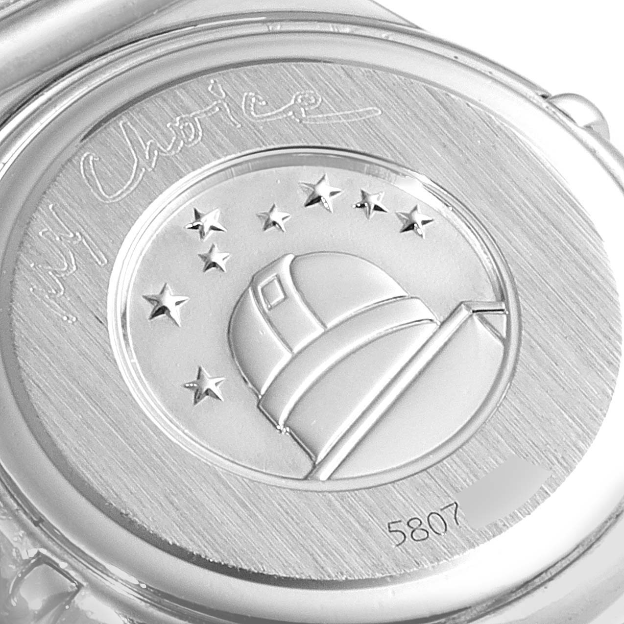 The image shows the engraved case back of the Omega 1465.51.00 Women
s Stainless Steel Black Dial 1465.51.00 Women
s Stainless Steel Black Dial Constellation My Choice Mini Ladies Diamond Watch 1465.51.00.