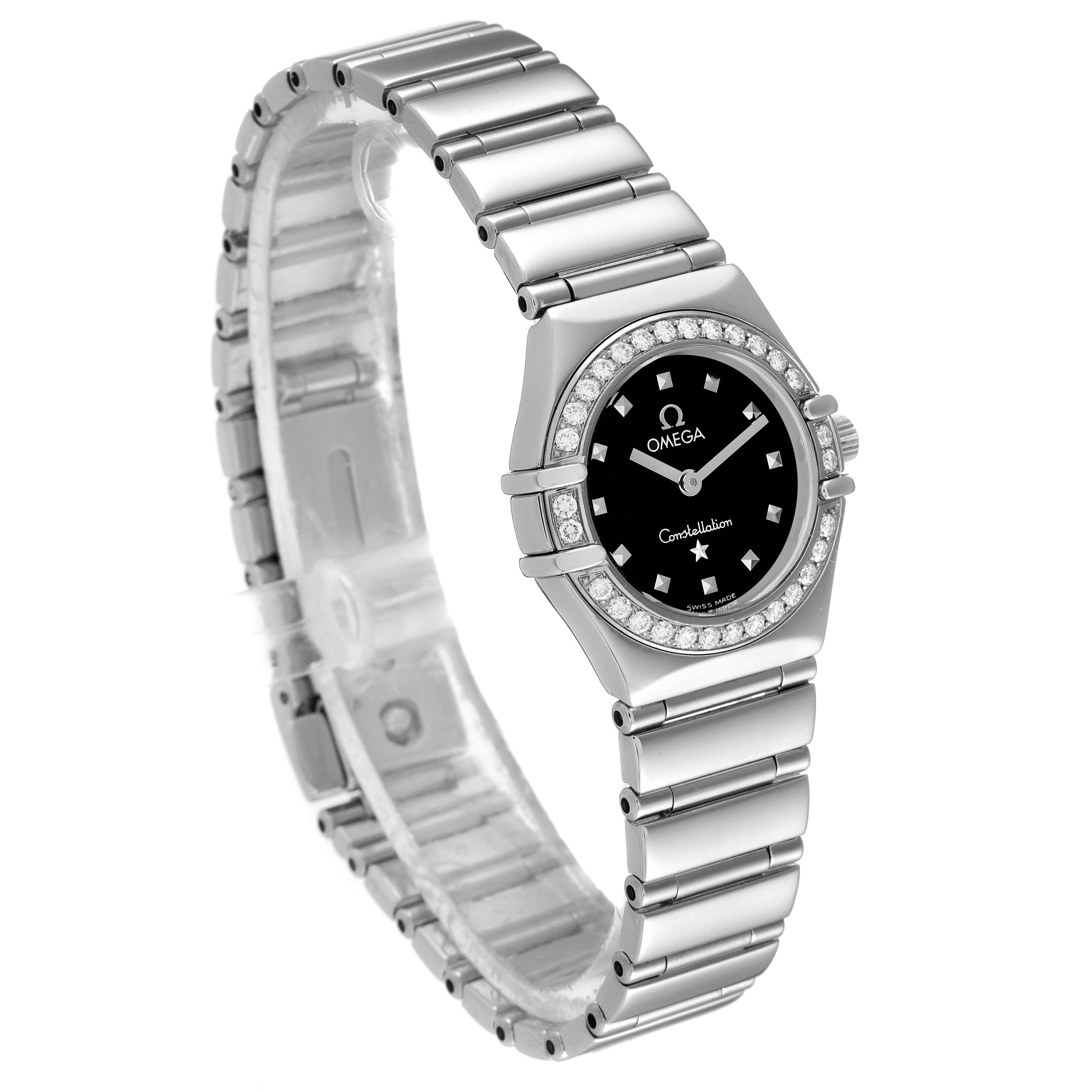 The image shows an angled view of the Omega 1465.51.00 Women
s Stainless Steel Black Dial 1465.51.00 Women
s Stainless Steel Black Dial Constellation My Choice Mini Ladies Diamond Watch 1465.51.00, highlighting its band and face.