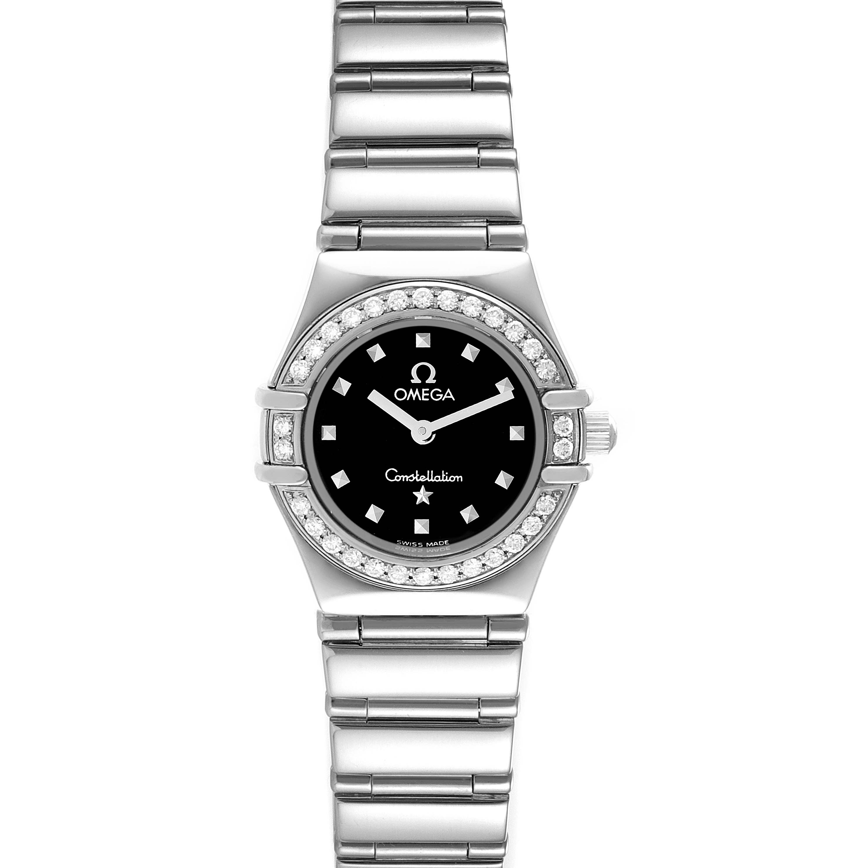 The image shows a front view of the Omega 1465.51.00 Women
s Stainless Steel Black Dial 1465.51.00 Women
s Stainless Steel Black Dial Constellation My Choice Mini Ladies Diamond Watch 1465.51.00, highlighting its dial, bezel, and bracelet.