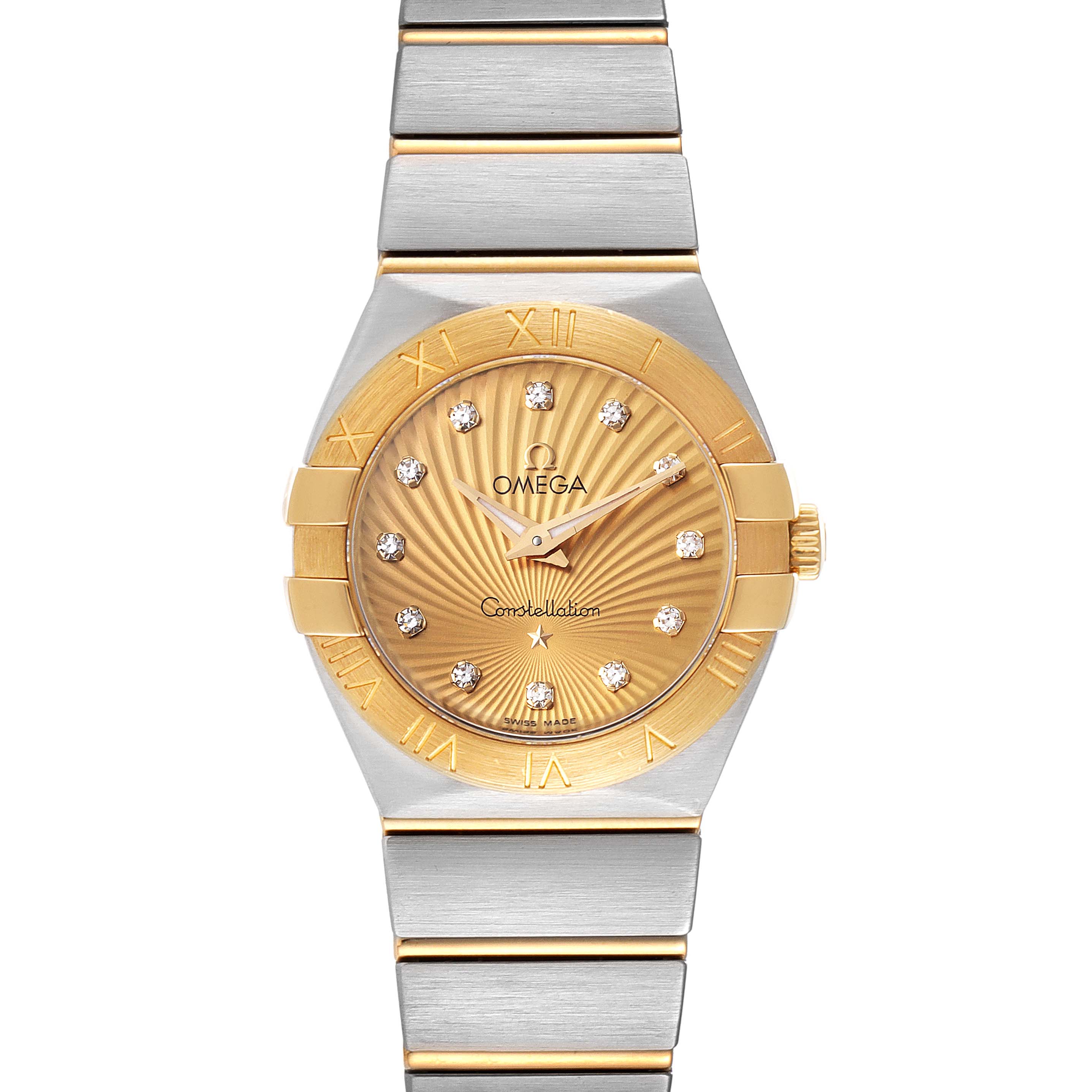 The image shows a front view of the Omega 123.20.27.60.58.001 Women's Steel and Gold (two tone) Champagne Dial 123.20.27.60.58.001 Women's Steel and Gold (two tone) Champagne Dial Constellation Steel Yellow Gold Diamond Watch 123.20.27.60.58.001, highlighting the dial, bezel, and bracelet.