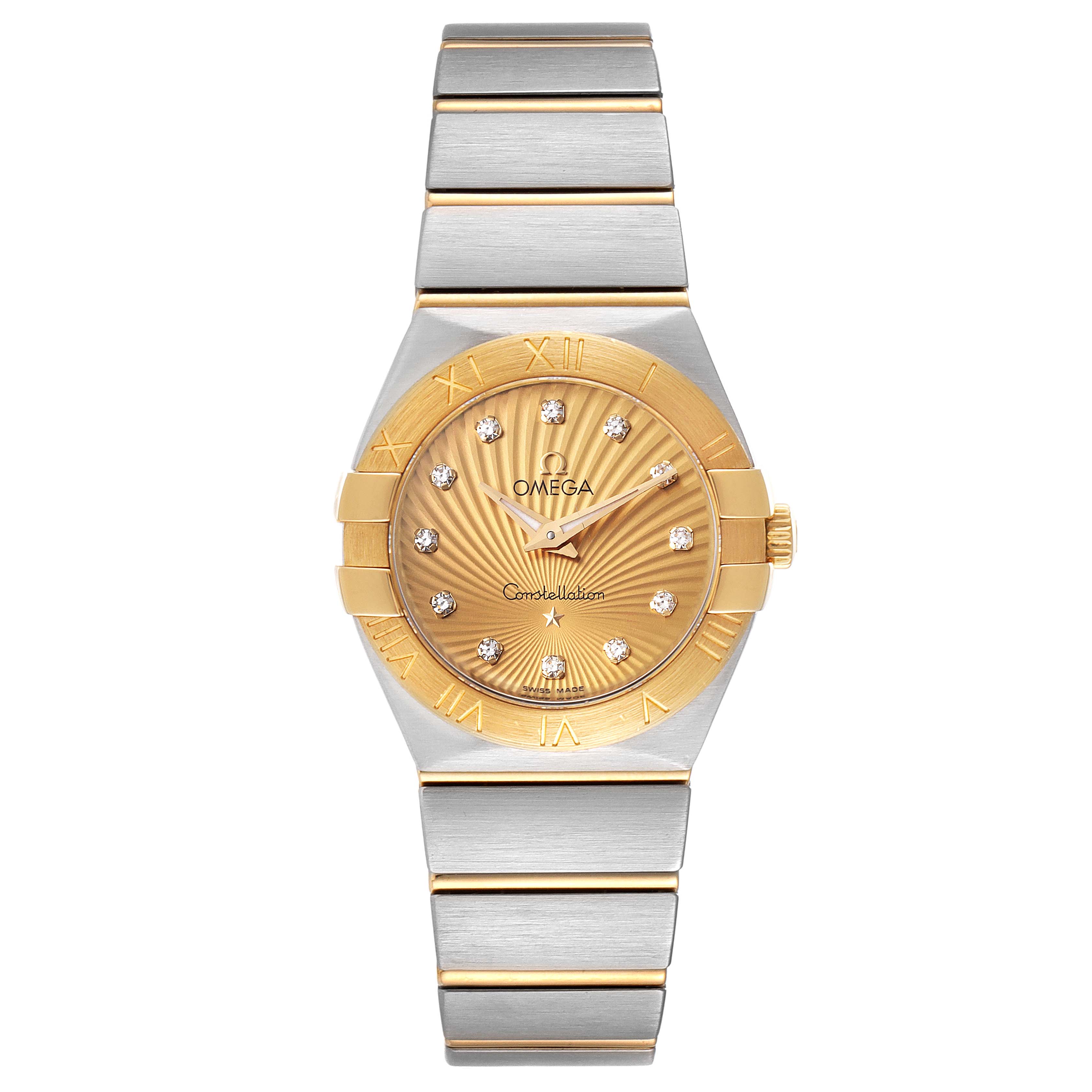 This image shows a frontal view of the Omega 123.20.27.60.58.001 Women's Steel and Gold (two tone) Champagne Dial 123.20.27.60.58.001 Women's Steel and Gold (two tone) Champagne Dial Constellation Steel Yellow Gold Diamond Watch 123.20.27.60.58.001, highlighting its dial and bracelet.
