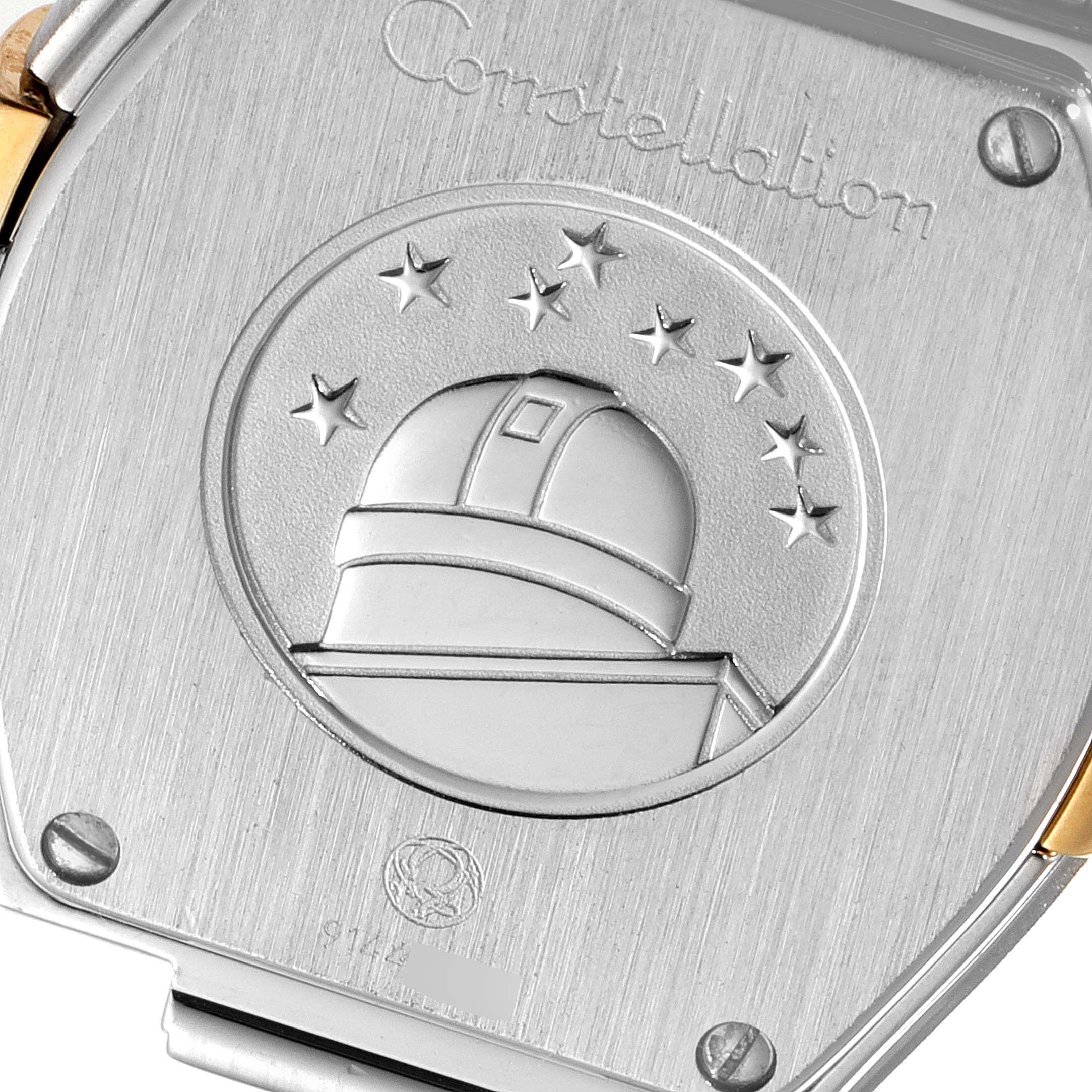 The image shows the back of the Omega 123.20.27.60.58.001 Women's Steel and Gold (two tone) Champagne Dial 123.20.27.60.58.001 Women's Steel and Gold (two tone) Champagne Dial Constellation Steel Yellow Gold Diamond Watch 123.20.27.60.58.001.