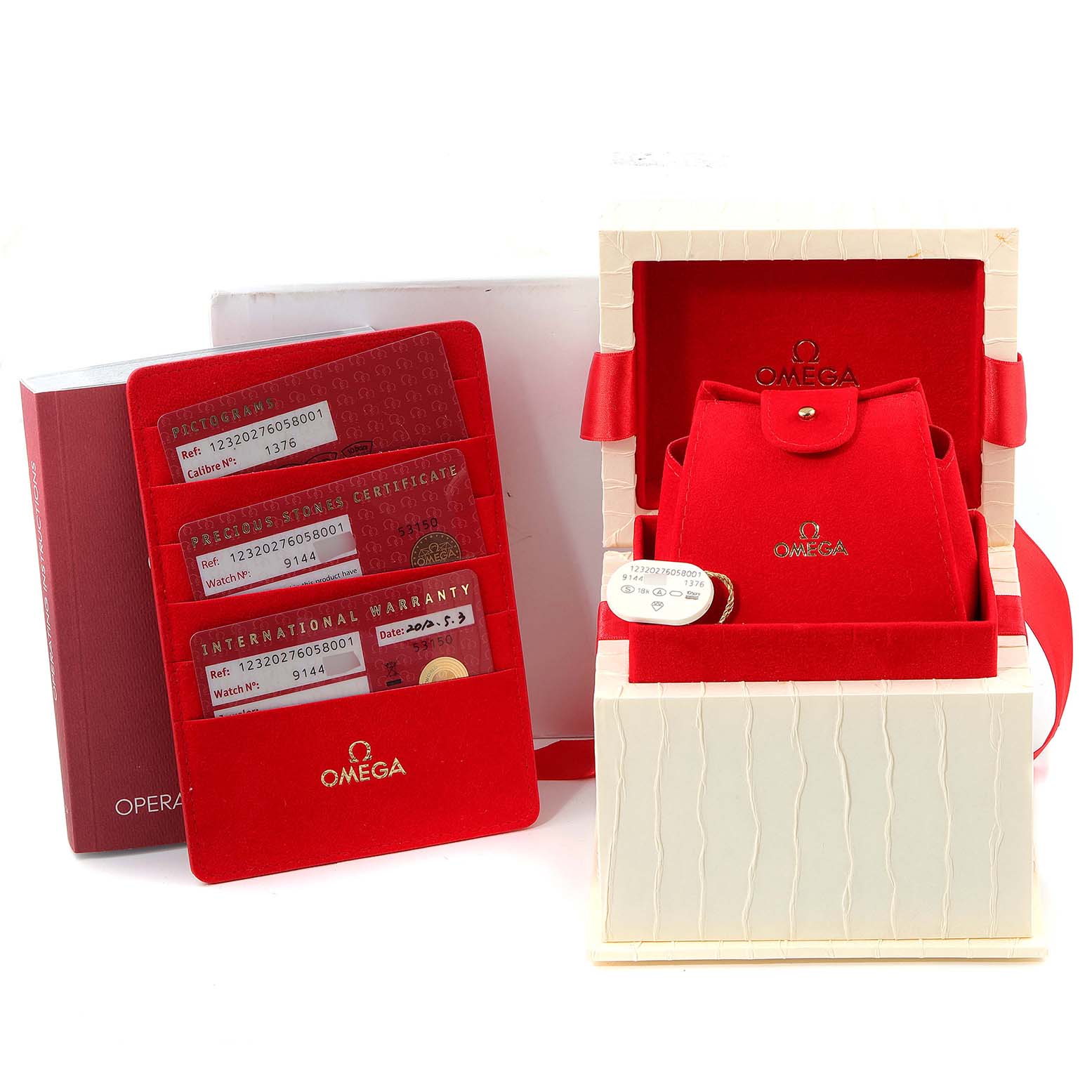 The image shows the box, cards, and protective pouch for the Omega 123.20.27.60.58.001 Women's Steel and Gold (two tone) Champagne Dial 123.20.27.60.58.001 Women's Steel and Gold (two tone) Champagne Dial Constellation Steel Yellow Gold Diamond Watch 123.20.27.60.58.001.