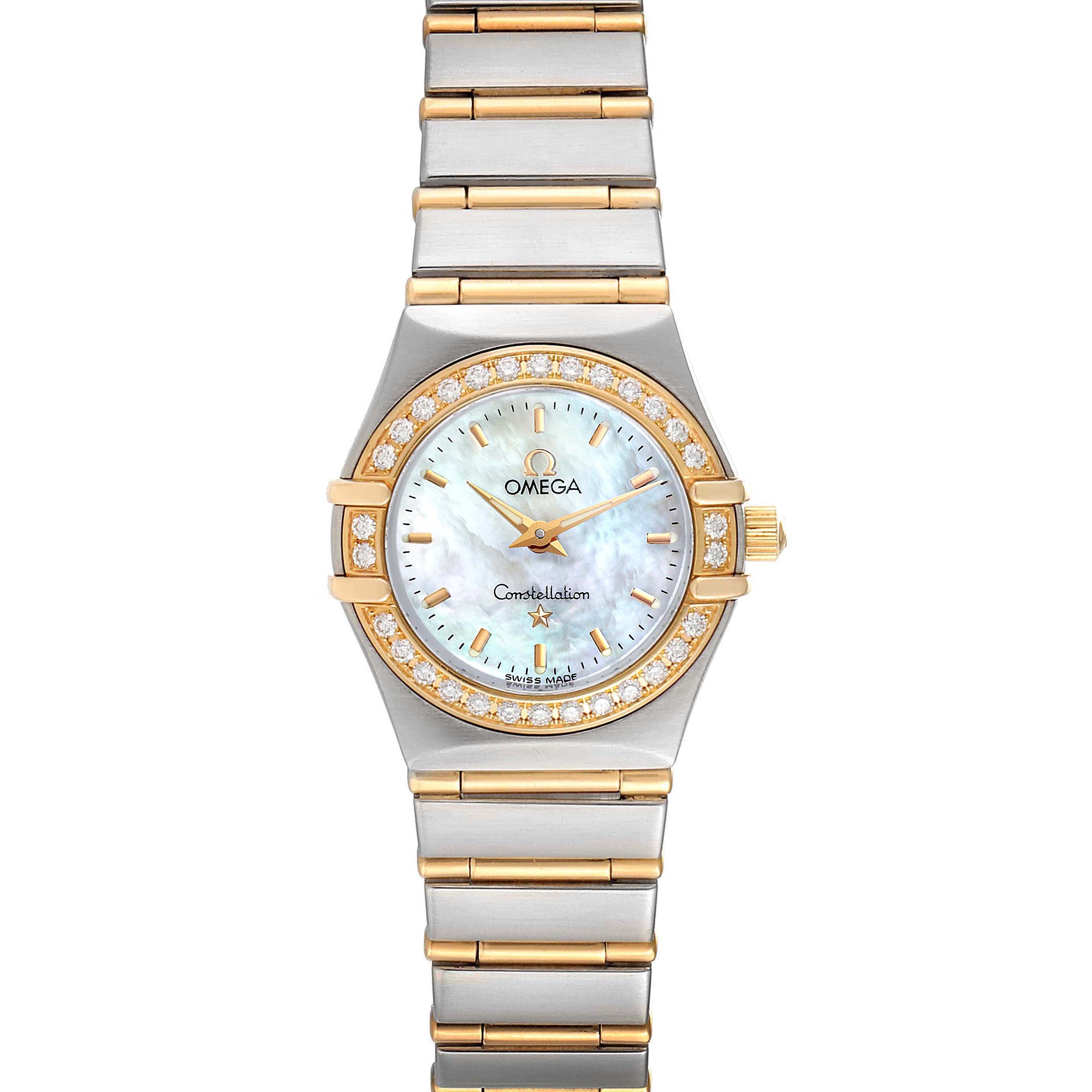 The image shows the front view of an Omega 1267.70.00 Women's Steel and Gold (two tone) Mother of Pearl Dial 1267.70.00 Women's Steel and Gold (two tone) Mother of Pearl Dial Constellation Steel Yellow Gold MOP Diamond Ladies Watch, model 1267.70.00.