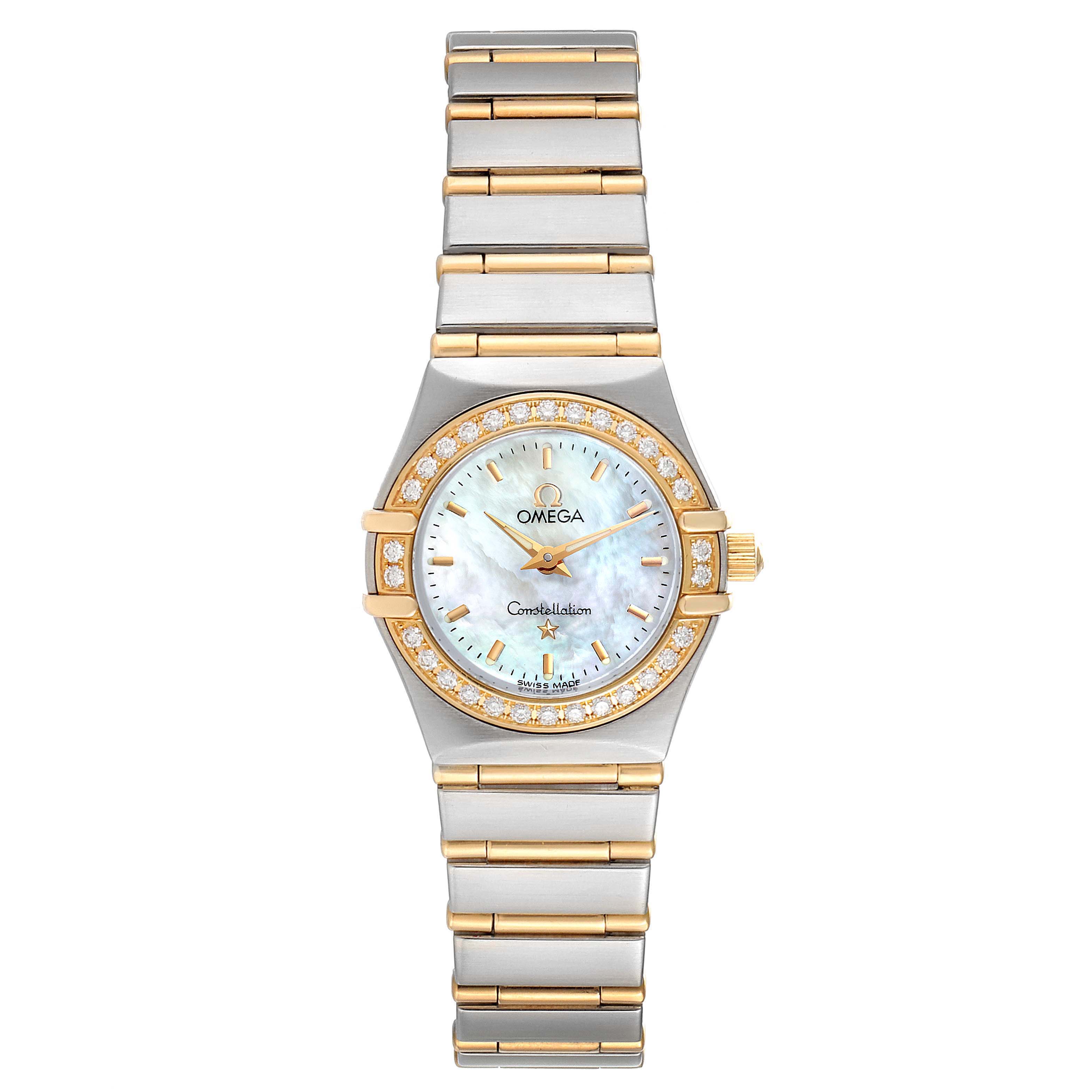 The image shows a straight-on view of the Omega 1267.70.00 Women's Steel and Gold (two tone) Mother of Pearl Dial 1267.70.00 Women's Steel and Gold (two tone) Mother of Pearl Dial Constellation Steel Yellow Gold MOP Diamond Ladies Watch 1267.70.00, displaying the face and bracelet clearly.