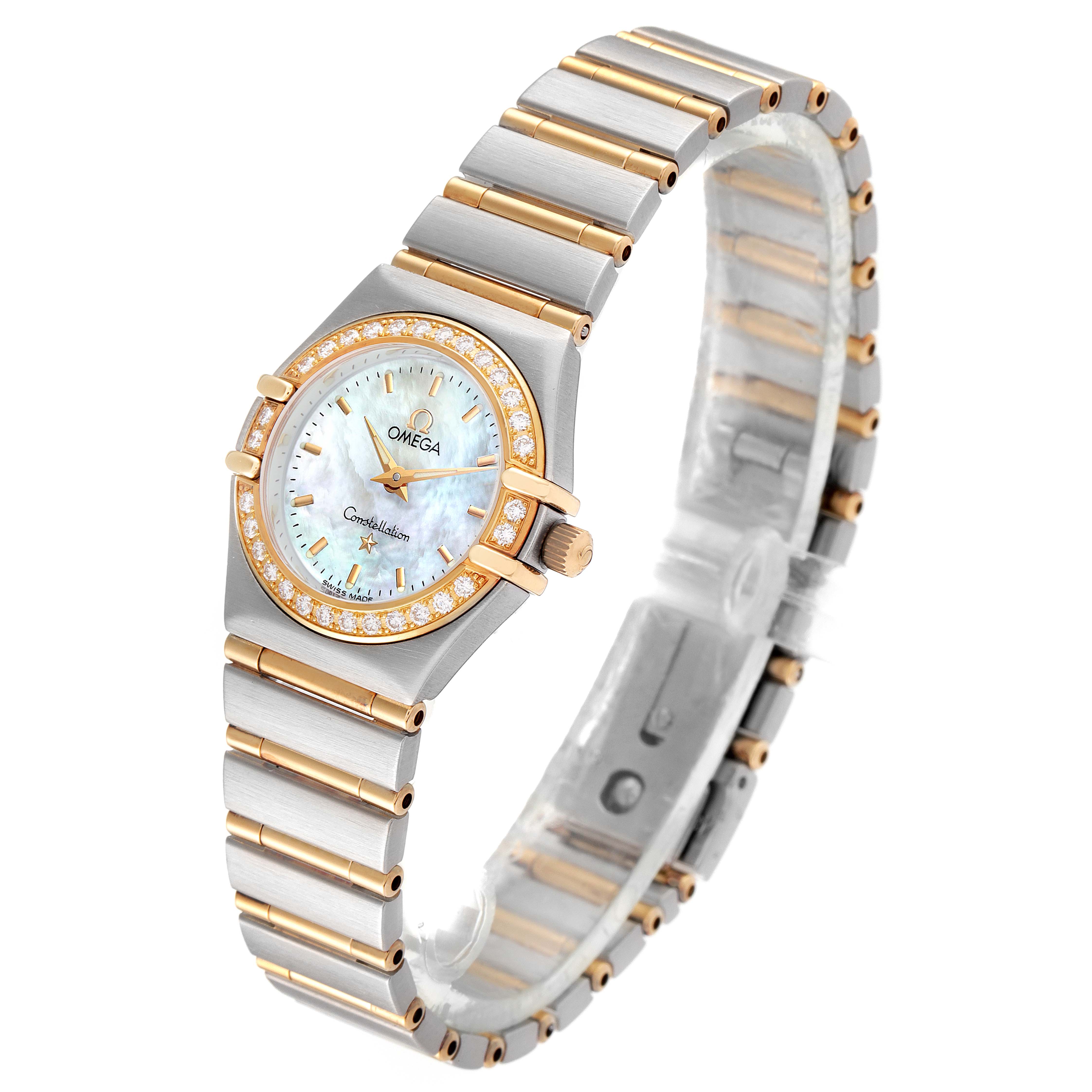 The image shows an angled view of the Omega 1267.70.00 Women's Steel and Gold (two tone) Mother of Pearl Dial 1267.70.00 Women's Steel and Gold (two tone) Mother of Pearl Dial Constellation Steel Yellow Gold MOP Diamond Ladies Watch 1267.70.00, displaying the face and bracelet.