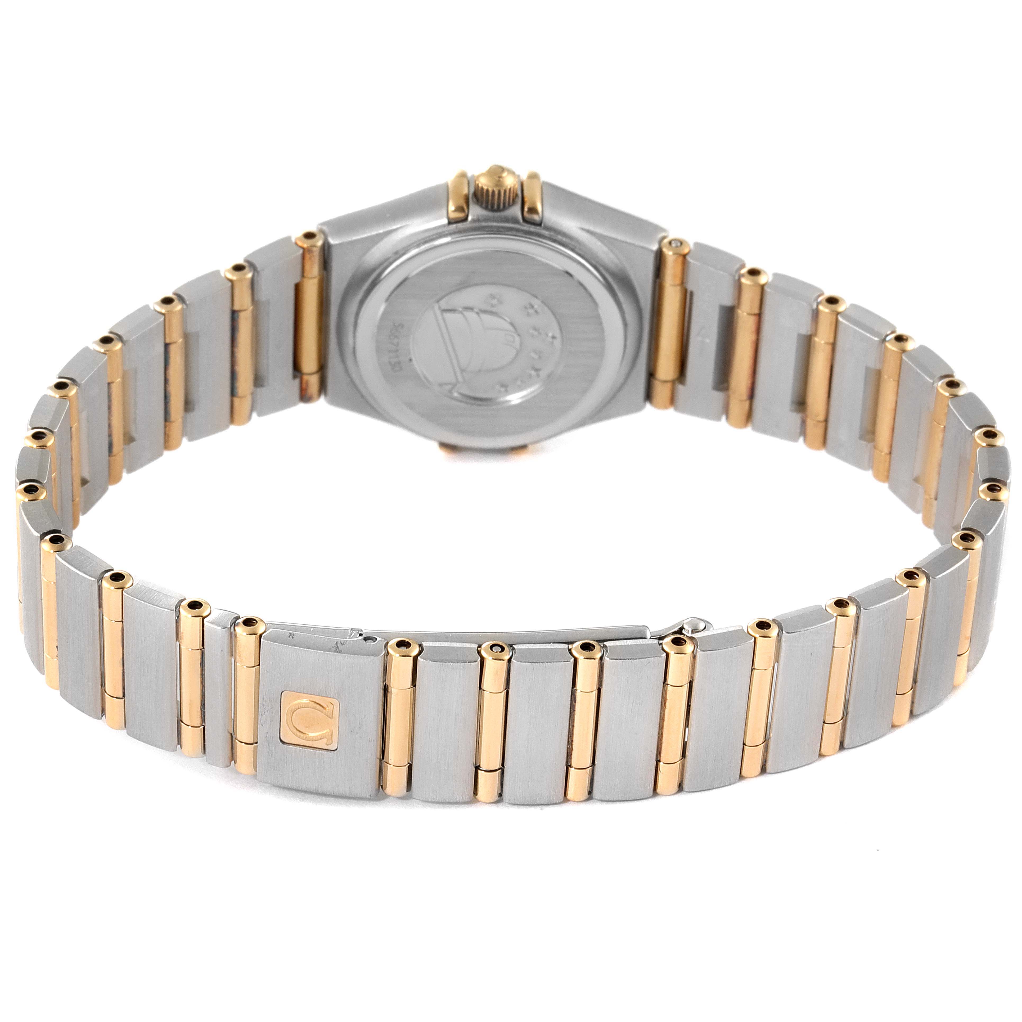 The image shows the back view of an Omega 1267.70.00 Women's Steel and Gold (two tone) Mother of Pearl Dial 1267.70.00 Women's Steel and Gold (two tone) Mother of Pearl Dial Constellation Steel Yellow Gold MOP Diamond Ladies Watch model 1267.70.00, highlighting the bracelet and case back.
