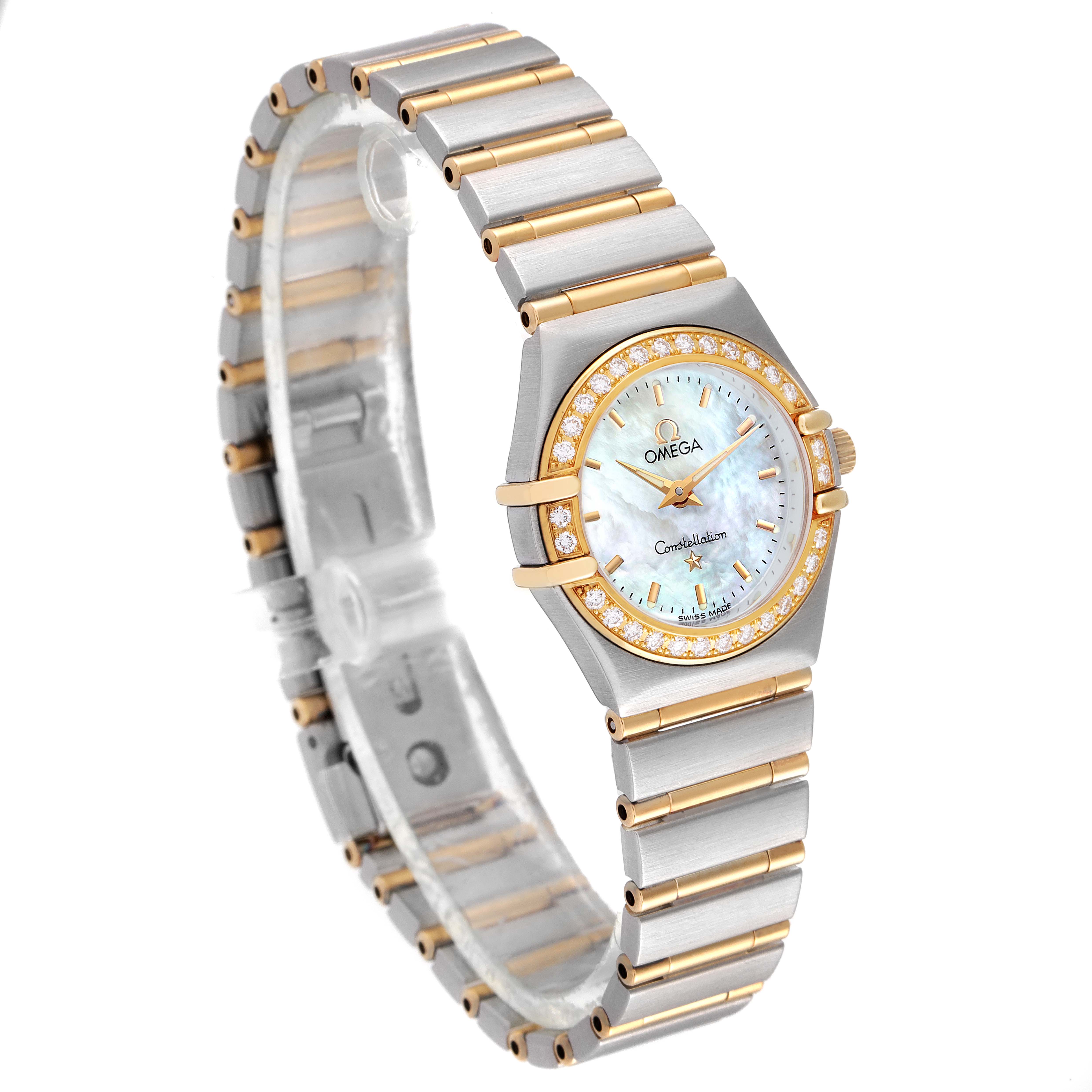 This image shows an angled view of the Omega 1267.70.00 Women's Steel and Gold (two tone) Mother of Pearl Dial 1267.70.00 Women's Steel and Gold (two tone) Mother of Pearl Dial Constellation Steel Yellow Gold MOP Diamond Ladies Watch 1267.70.00, highlighting the dial and bracelet.