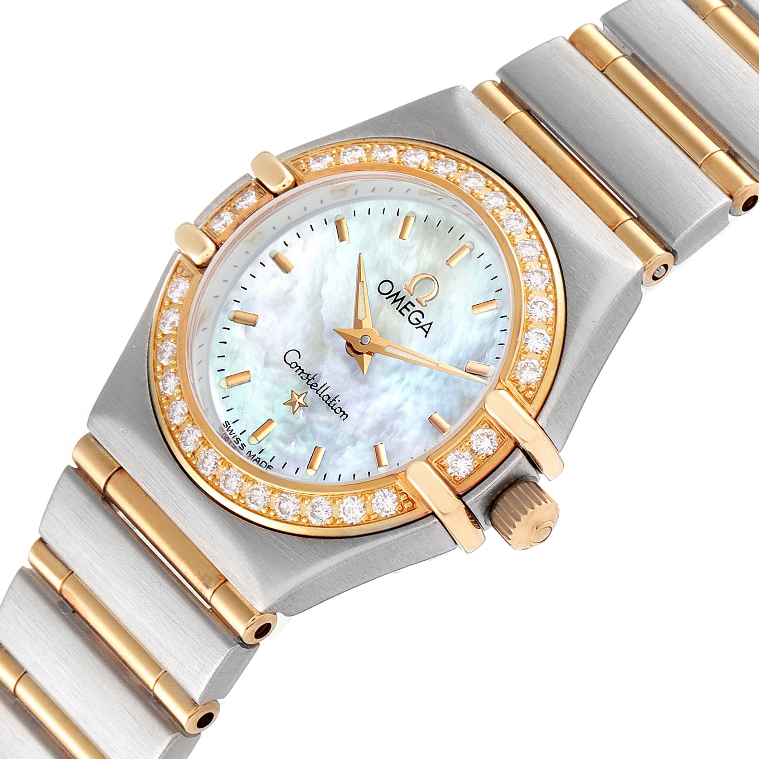 The image shows an angled view of the Omega 1267.70.00 Women's Steel and Gold (two tone) Mother of Pearl Dial 1267.70.00 Women's Steel and Gold (two tone) Mother of Pearl Dial Constellation Steel Yellow Gold MOP Diamond Ladies Watch 1267.70.00, highlighting the face, bezel, and part of the bracelet.