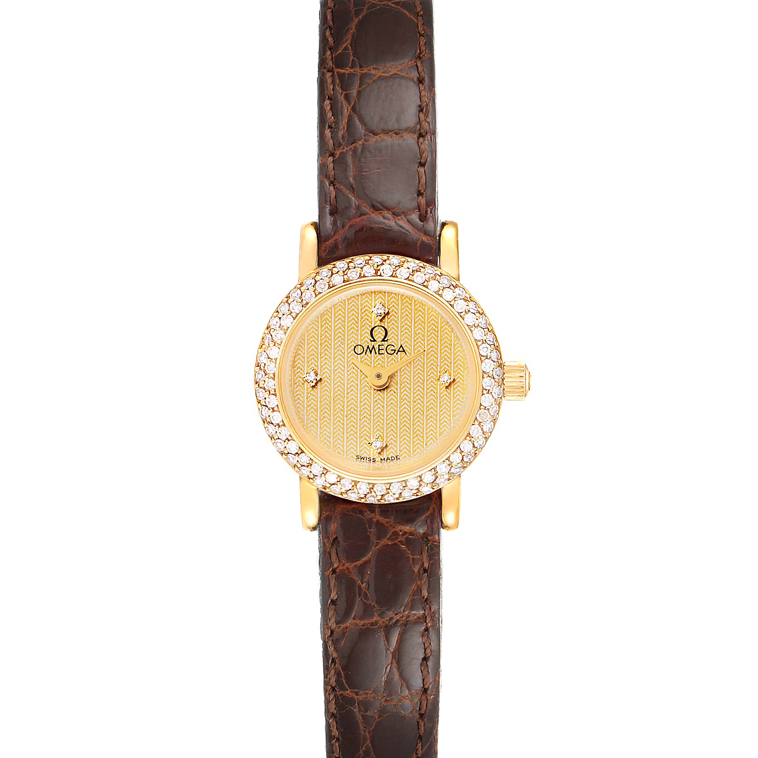The image shows a straight-on view of an Omega 1450 Women's Yellow Gold Champagne Dial 1450 Women's Yellow Gold Champagne Dial DeVille Mini Yellow Gold Diamond Cocktail Ladies Watch 1450 Unworn model, featuring its face, bezel, and strap.
