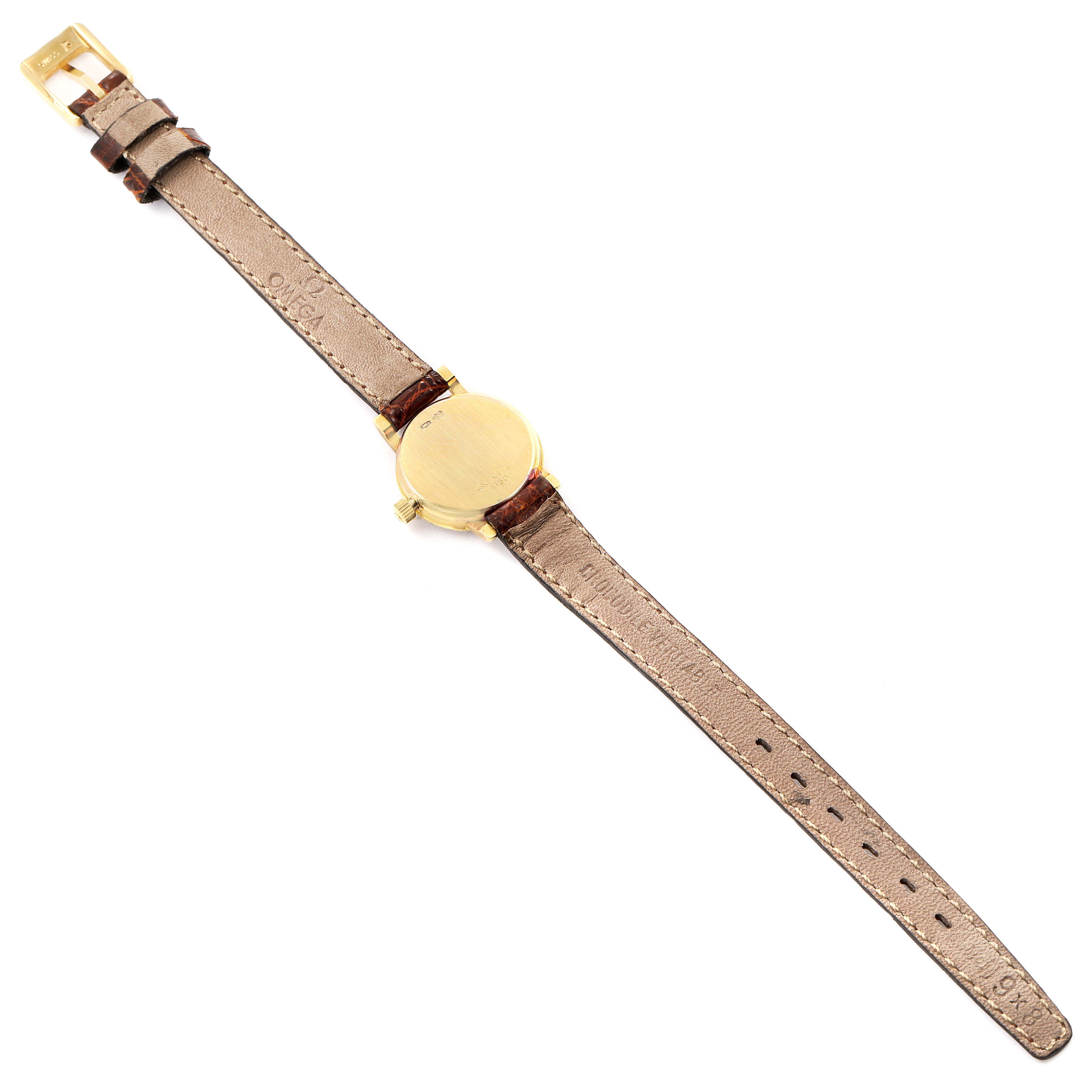 The image shows the back side of an Omega 1450 Women's Yellow Gold Champagne Dial 1450 Women's Yellow Gold Champagne Dial DeVille Mini Yellow Gold Diamond Cocktail Ladies Watch 1450 with the straps extended.