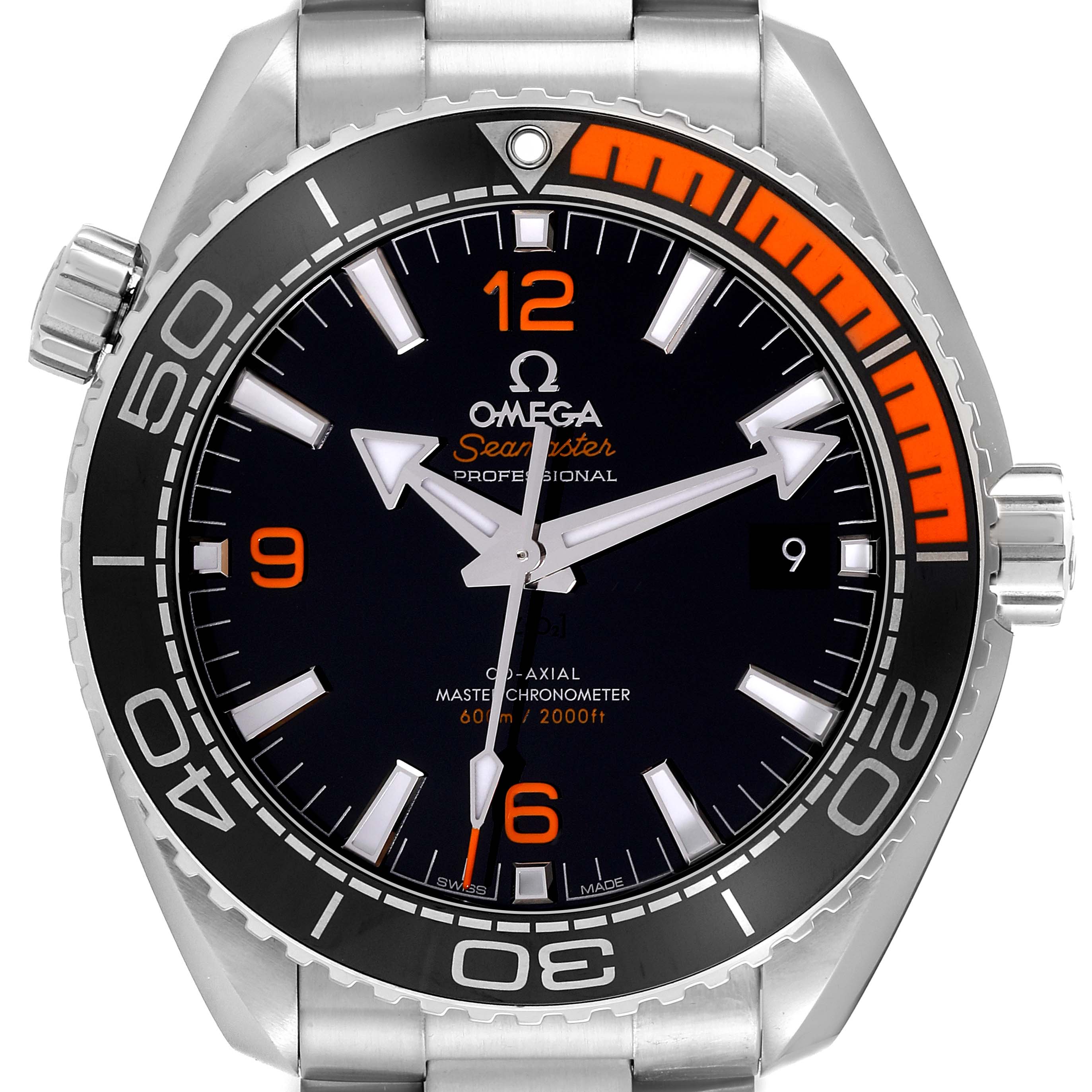 The image shows a front view of an Omega Planet Ocean 215.30.44.21.01.002 Men
s Stainless Steel Black Dial 215.30.44.21.01.002 Men
s Stainless Steel Black Dial watch, displaying its dial, hands, and bezel.