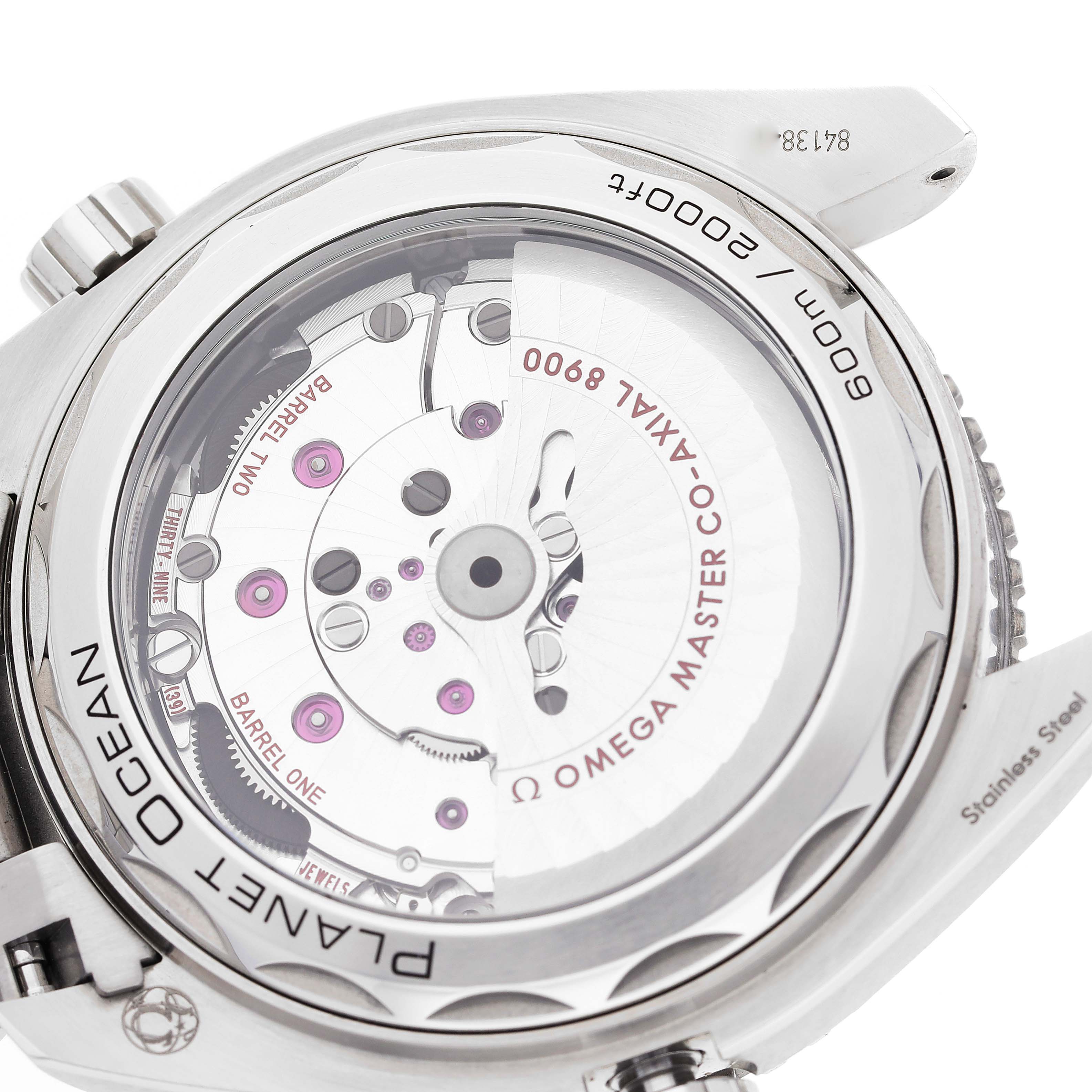 The image shows the back view of the Omega Planet Ocean 215.30.44.21.01.002 Men
s Stainless Steel Black Dial 215.30.44.21.01.002 Men
s Stainless Steel Black Dial watch, revealing its mechanical movement and branding.