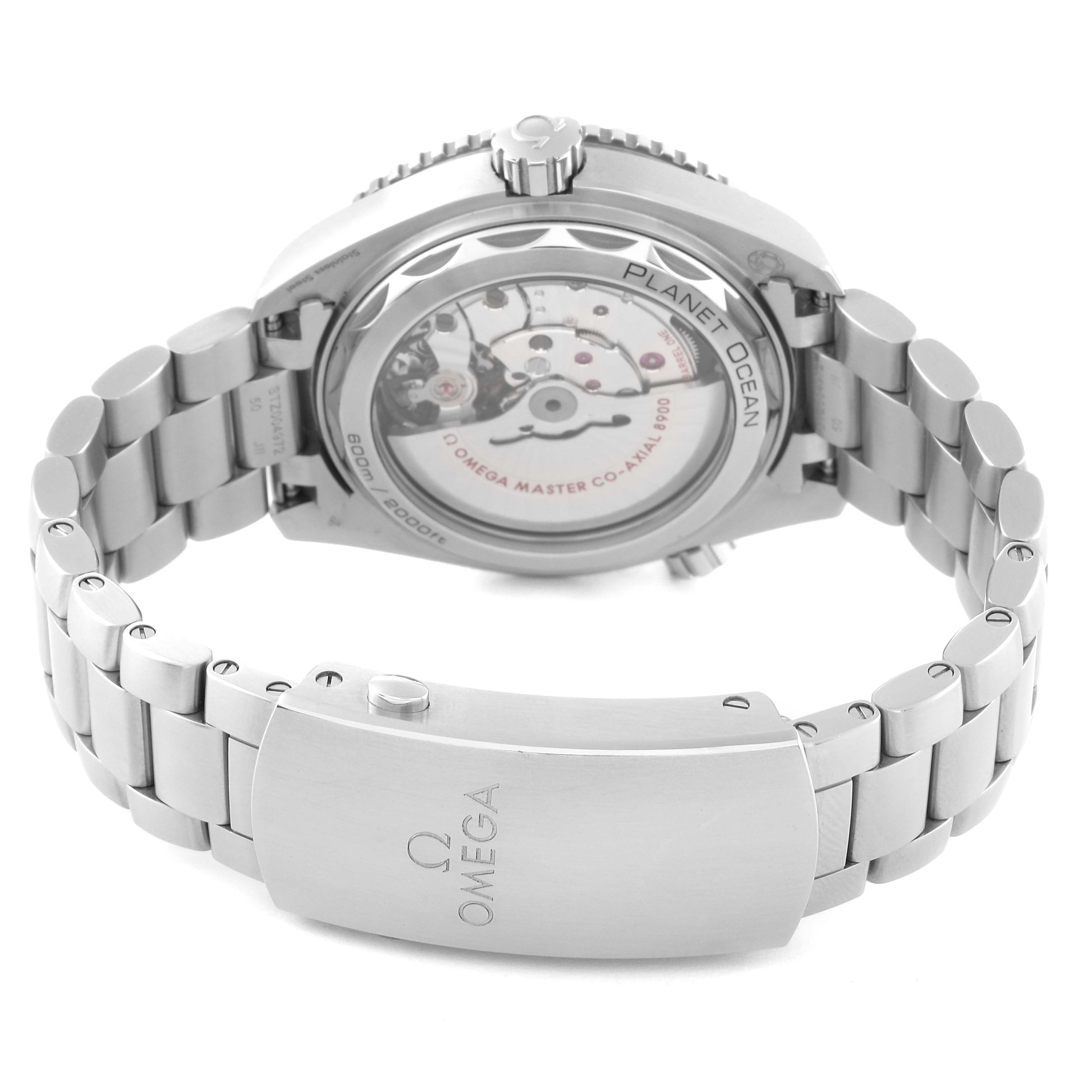 The image shows the back view of the Omega Planet Ocean 215.30.44.21.01.002 Men
s Stainless Steel Black Dial 215.30.44.21.01.002 Men
s Stainless Steel Black Dial watch, highlighting its bracelet, clasp, and transparent case back revealing the movement.