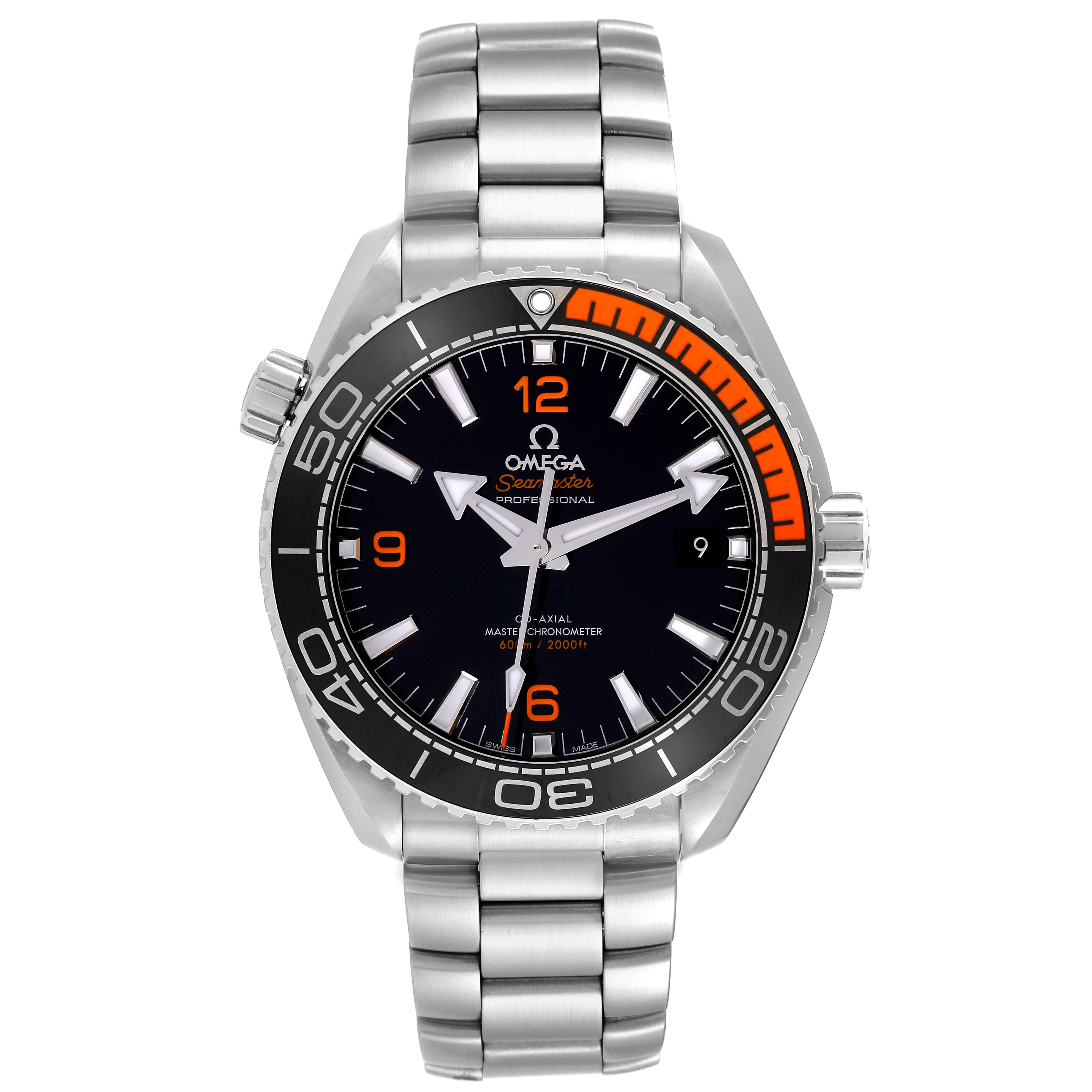 The image shows a front view of an Omega Planet Ocean 215.30.44.21.01.002 Men
s Stainless Steel Black Dial 215.30.44.21.01.002 Men
s Stainless Steel Black Dial model watch, displaying the face, bezel, and bracelet.