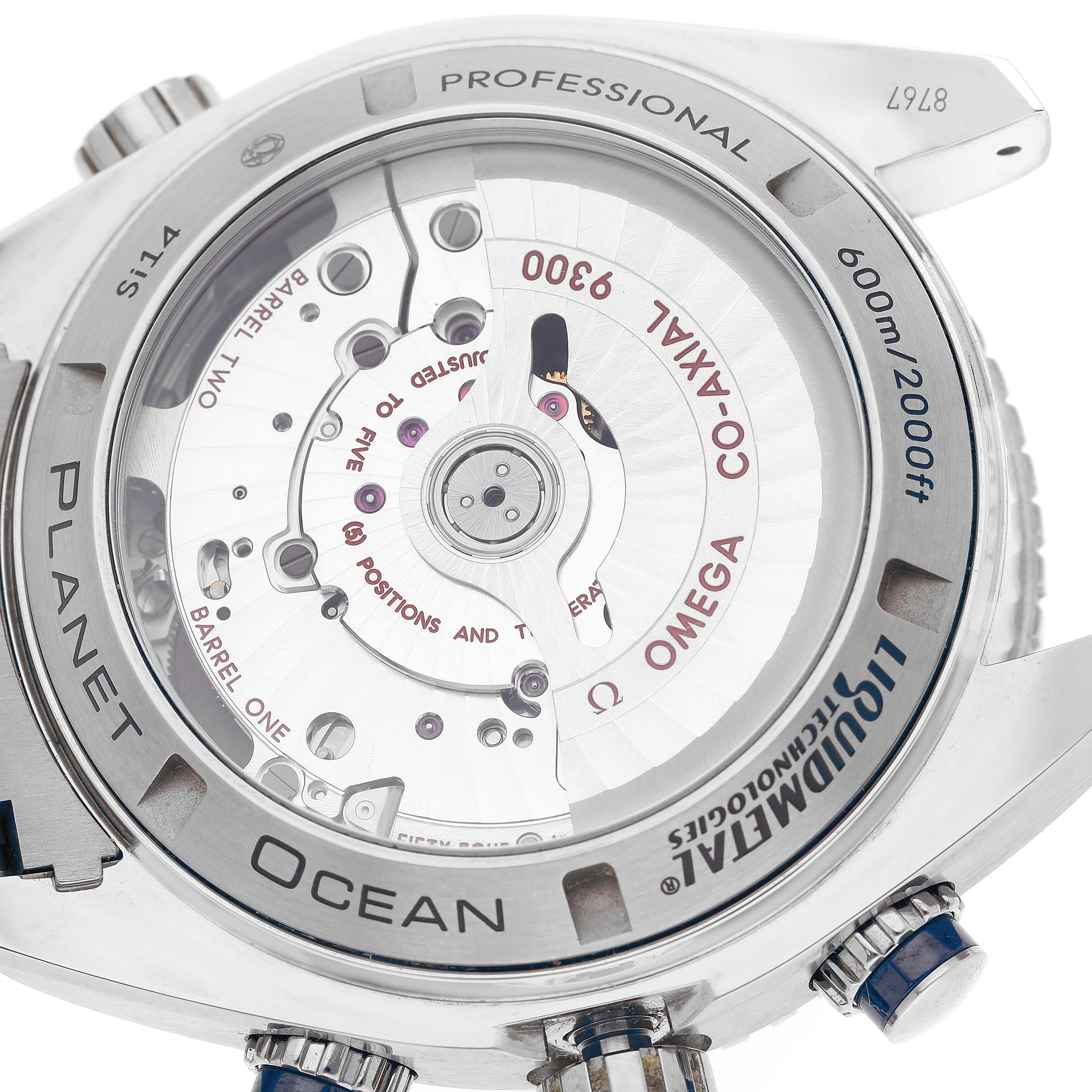The image shows the back view of the Omega Planet Ocean 232.90.46.51.03.001 Men
s Titanium Blue Dial 232.90.46.51.03.001 Men
s Titanium Blue Dial watch, highlighting its Co-Axial movement and inner mechanisms.