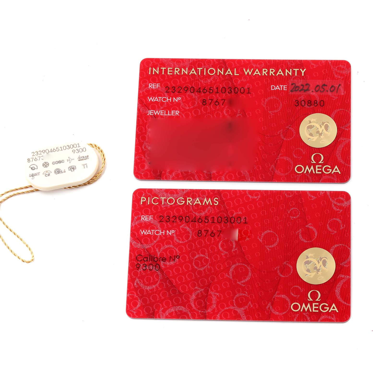 The image shows Omega Planet Ocean 232.90.46.51.03.001 Men
s Titanium Blue Dial 232.90.46.51.03.001 Men
s Titanium Blue Dial watch accessories, including warranty and pictogram cards, and a tag.