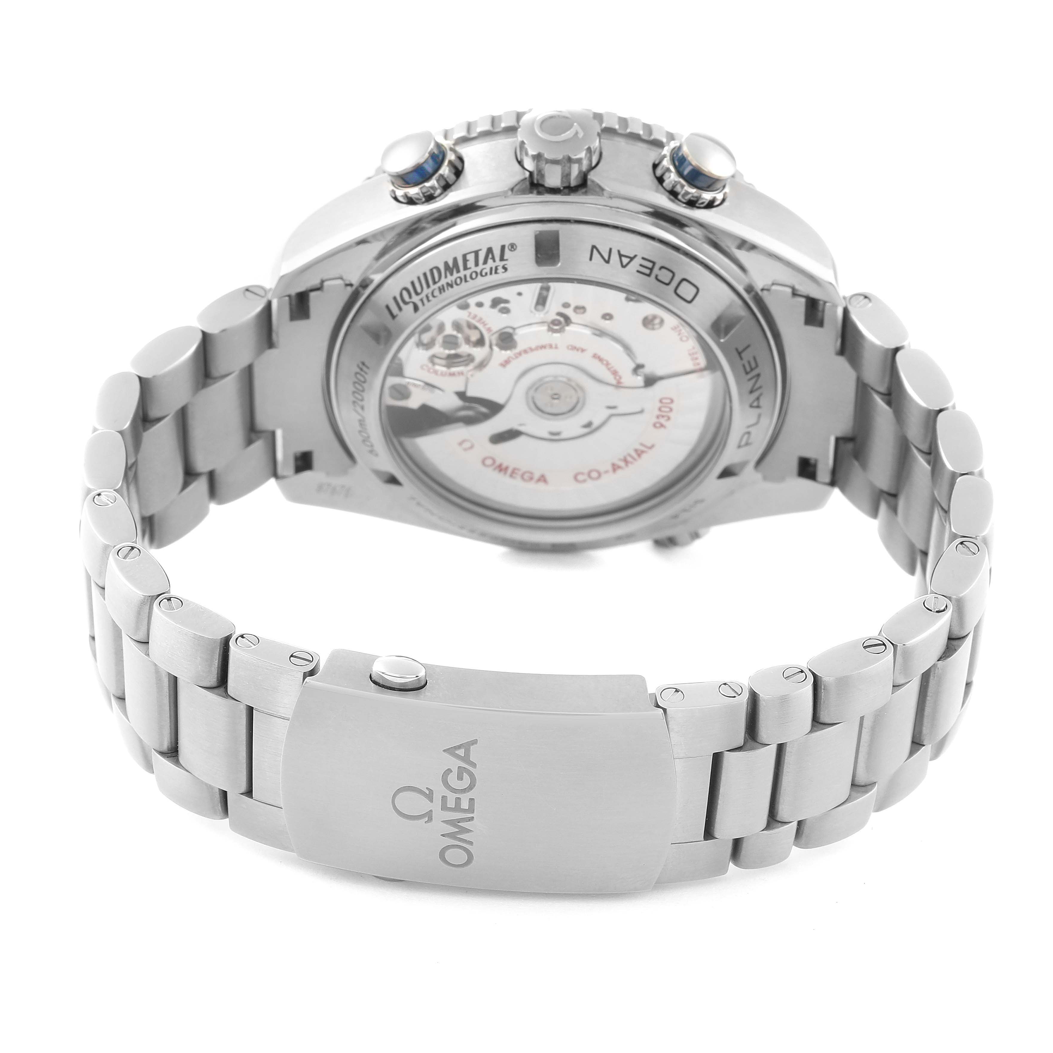 This image shows the back view of the Omega Planet Ocean 232.90.46.51.03.001 Men
s Titanium Blue Dial 232.90.46.51.03.001 Men
s Titanium Blue Dial watch, displaying the watch
s back case and metal bracelet.