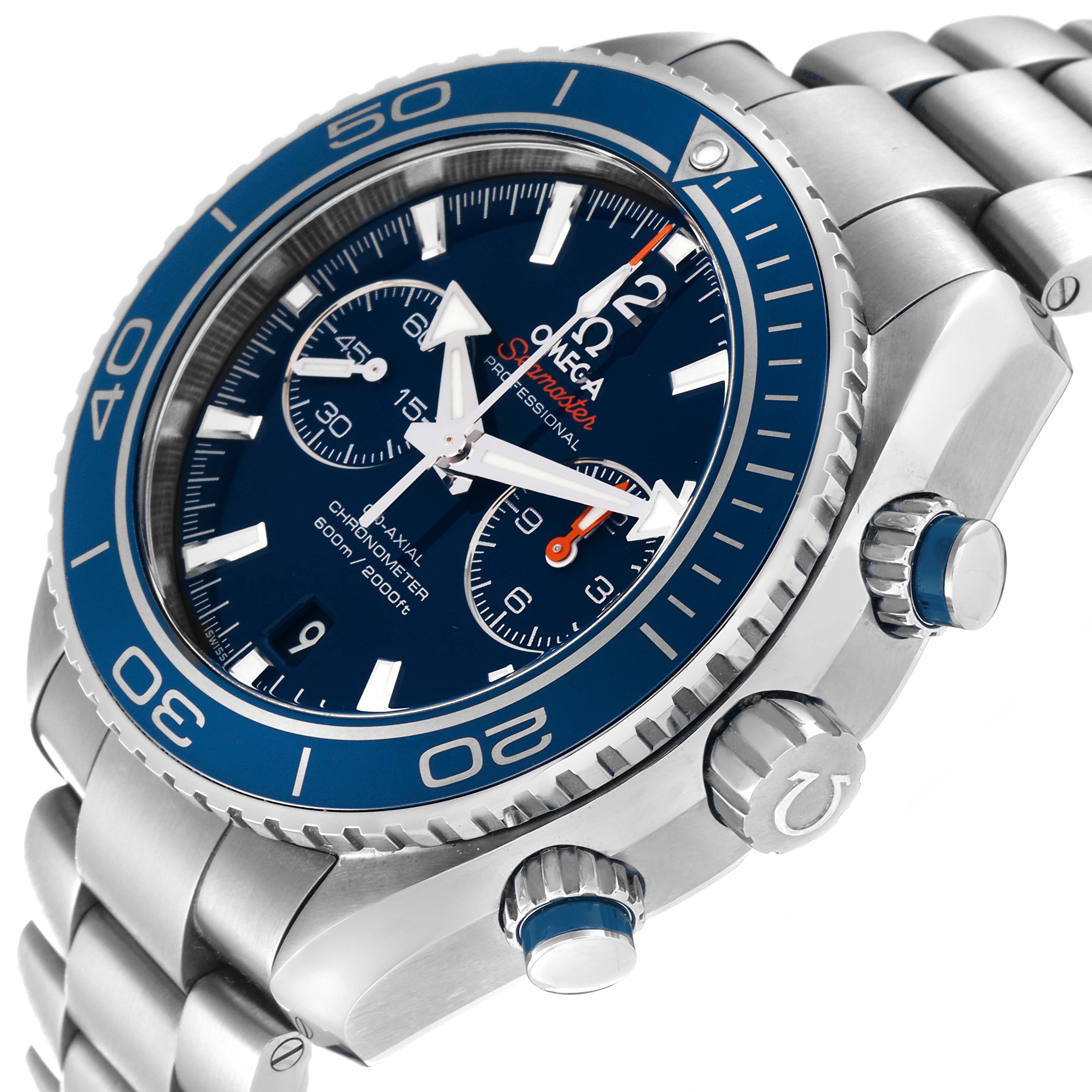 The image shows an Omega Planet Ocean 232.90.46.51.03.001 Men
s Titanium Blue Dial 232.90.46.51.03.001 Men
s Titanium Blue Dial watch at a slight angle, highlighting the bezel, crown, chronograph dials, and bracelet.