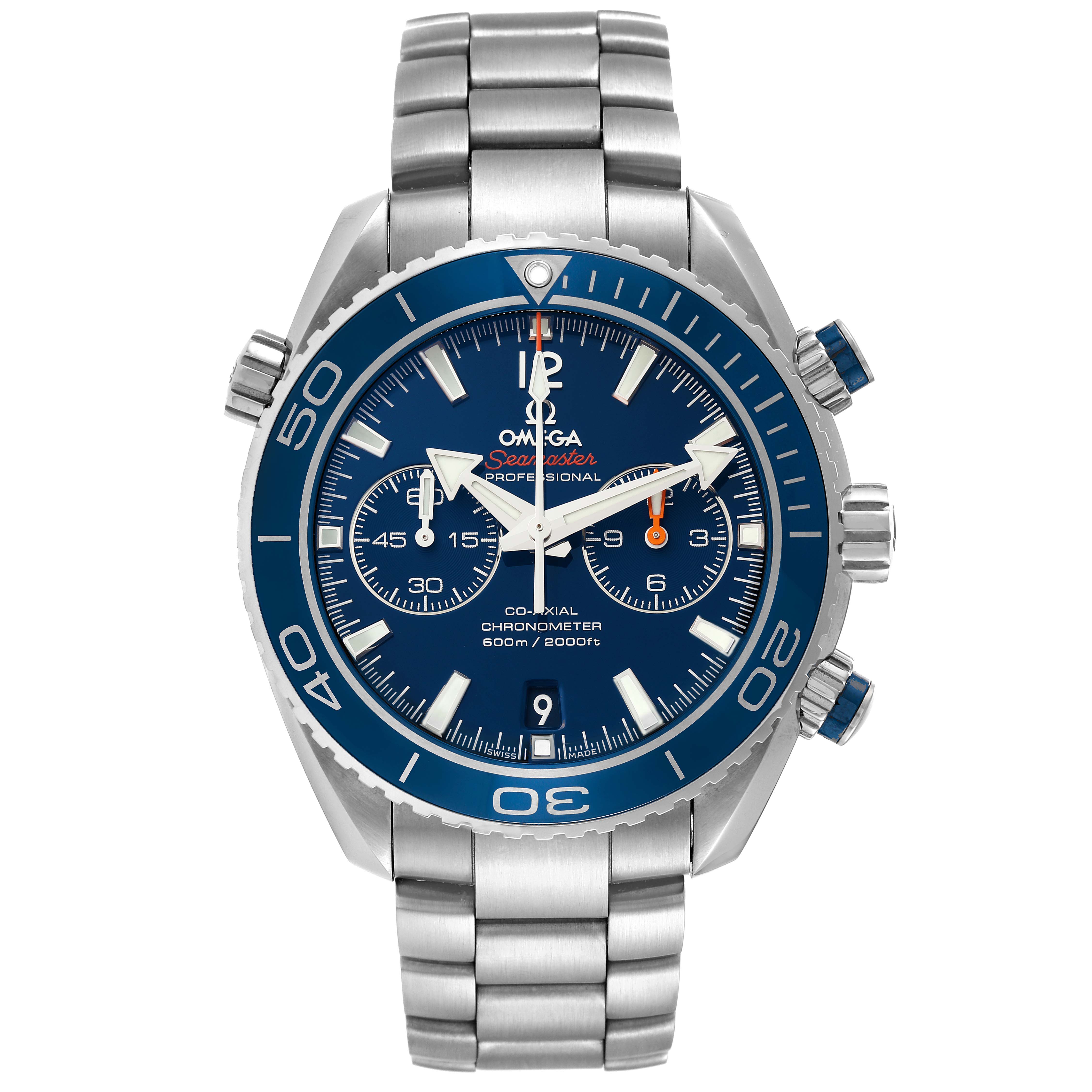 The image shows a front view of an Omega Planet Ocean 232.90.46.51.03.001 Men
s Titanium Blue Dial 232.90.46.51.03.001 Men
s Titanium Blue Dial watch, highlighting its dial, bezel, and stainless steel bracelet.