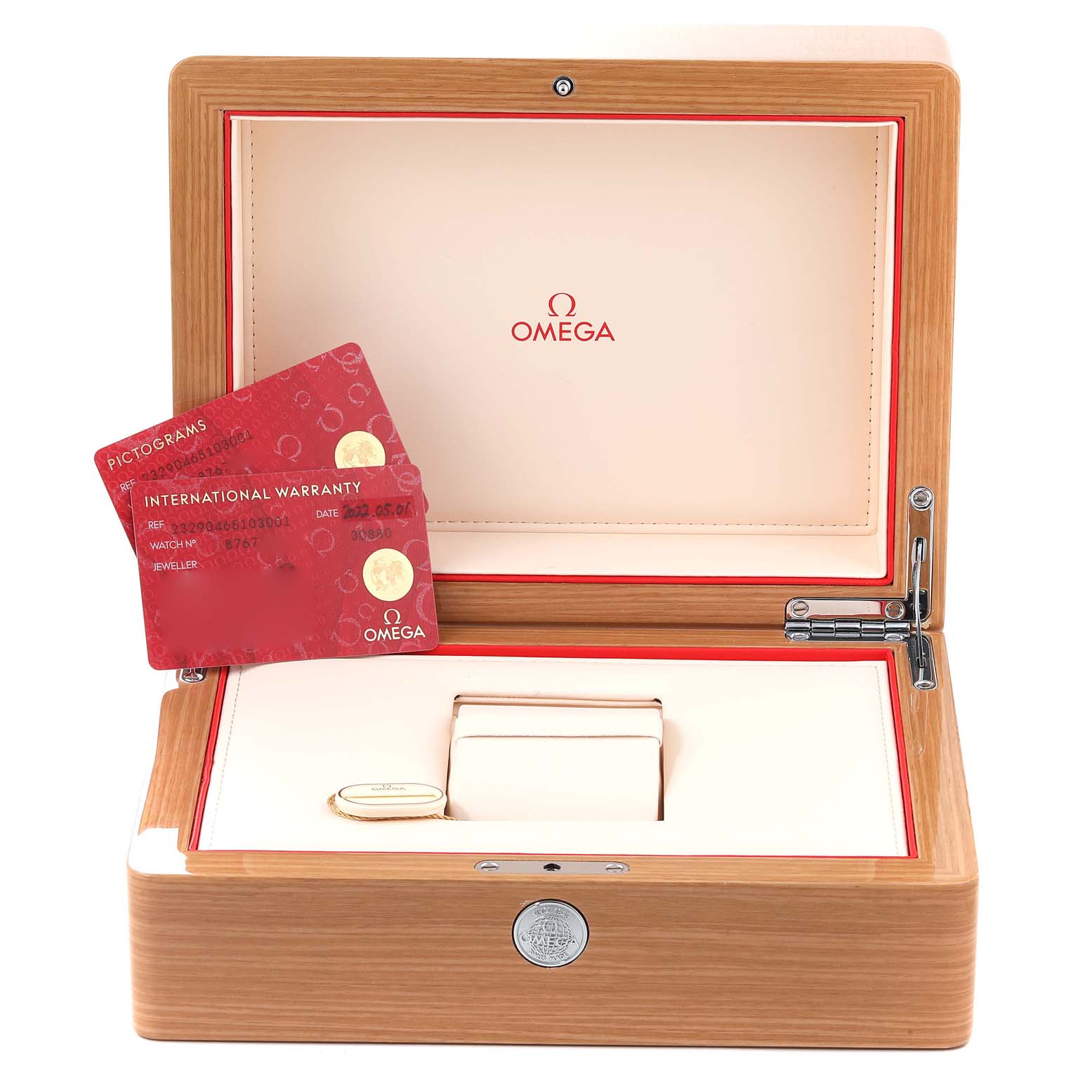 The image shows the packaging exterior, warranty cards, and a storage compartment for the Omega Planet Ocean 232.90.46.51.03.001 Men
s Titanium Blue Dial 232.90.46.51.03.001 Men
s Titanium Blue Dial model watch.