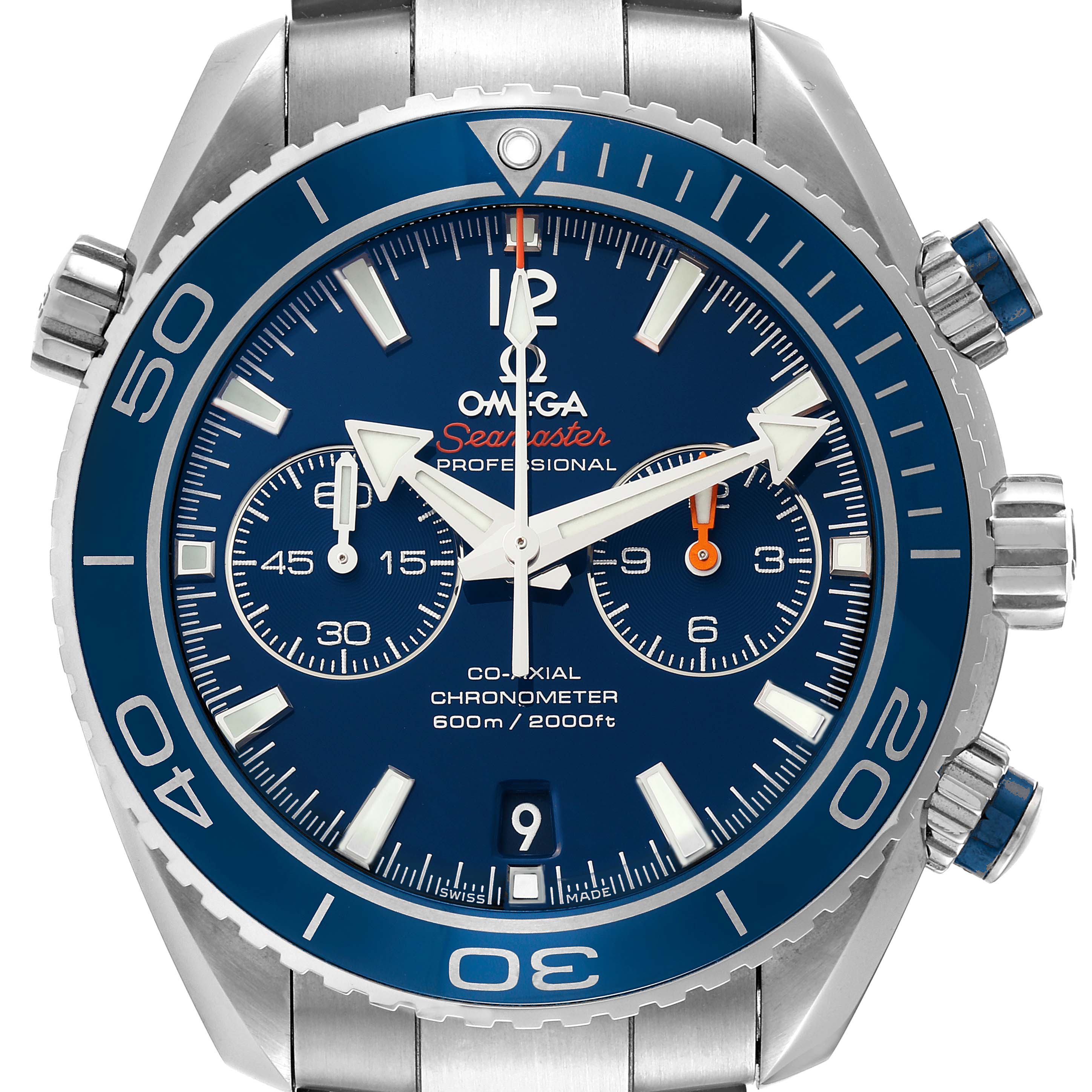 This image shows a front view of the Omega Planet Ocean 232.90.46.51.03.001 Men
s Titanium Blue Dial 232.90.46.51.03.001 Men
s Titanium Blue Dial watch, highlighting its dial, bezel, and chronograph subdials.