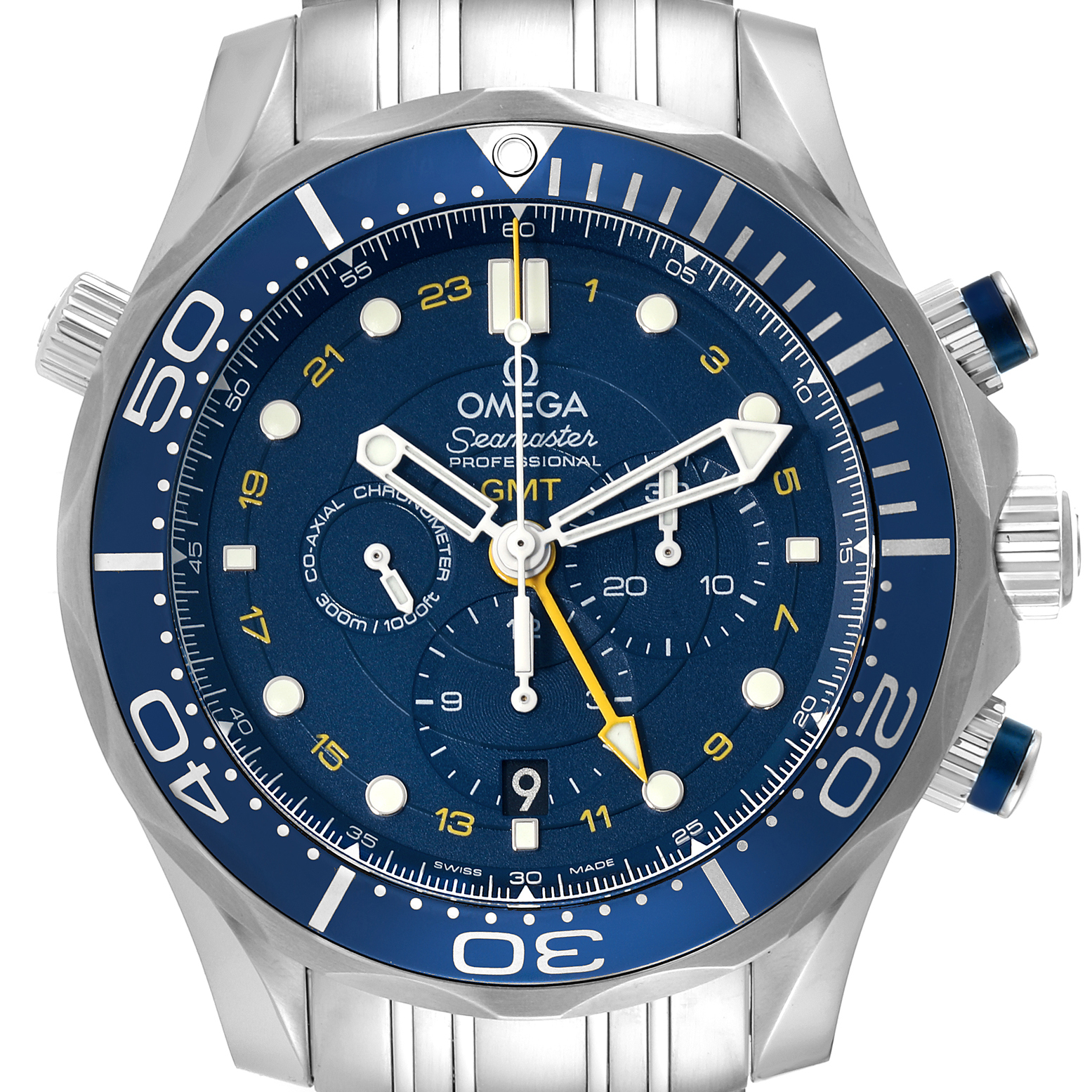The image shows a close-up, front view of the Omega Seamaster 212.30.44.52.03.001 Men
s Stainless Steel Blue Dial 212.30.44.52.03.001 Men
s Stainless Steel Blue Dial GMT watch, highlighting the dial, bezel, and crown.